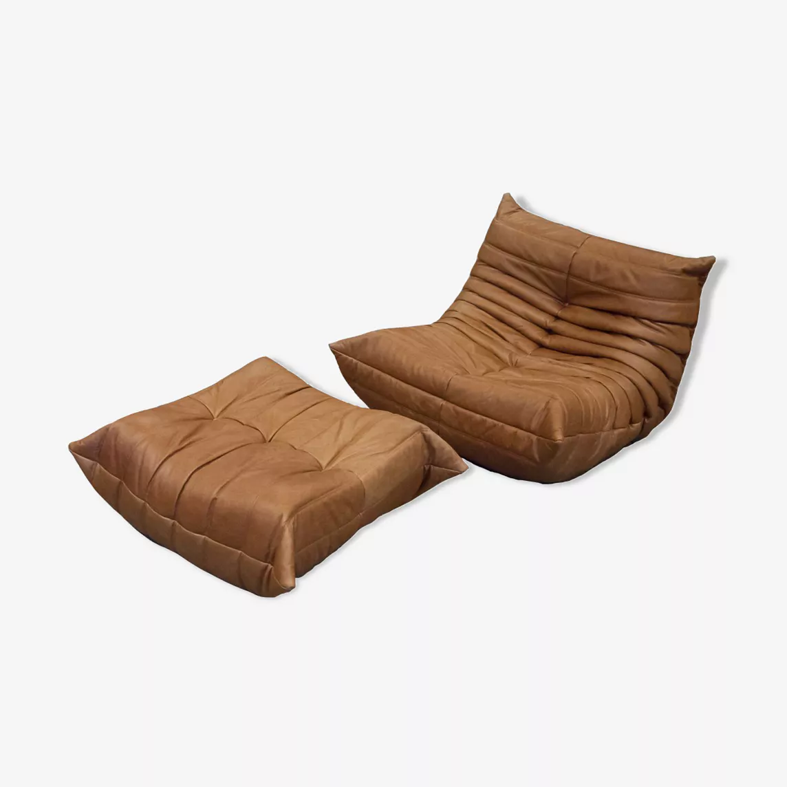 Togo armchair and ottoman set pull-up leather tobacco brown