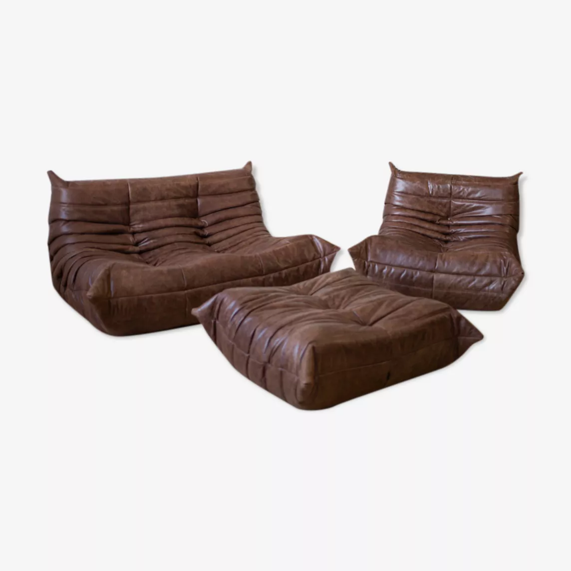 Togo Lounge Set 3-piece Pull-Up Leather Walnut Brown