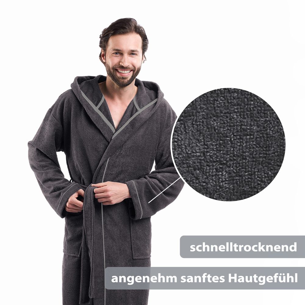 Unisex Baumwoll-Bademantel mit Kapuze Anthrazit Medium