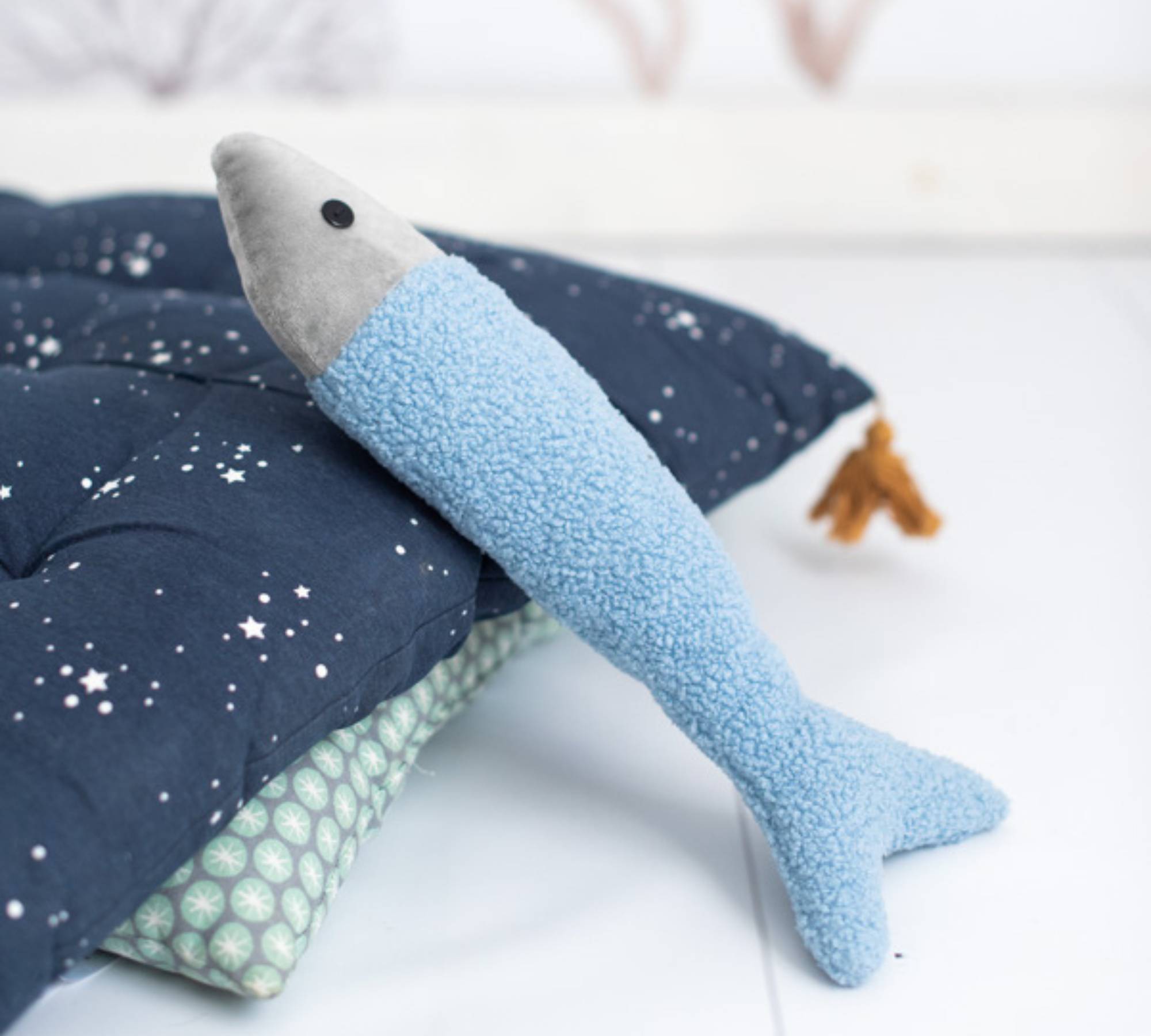 2x Fish & Manta ray Plush toy Cotton Blue Grey