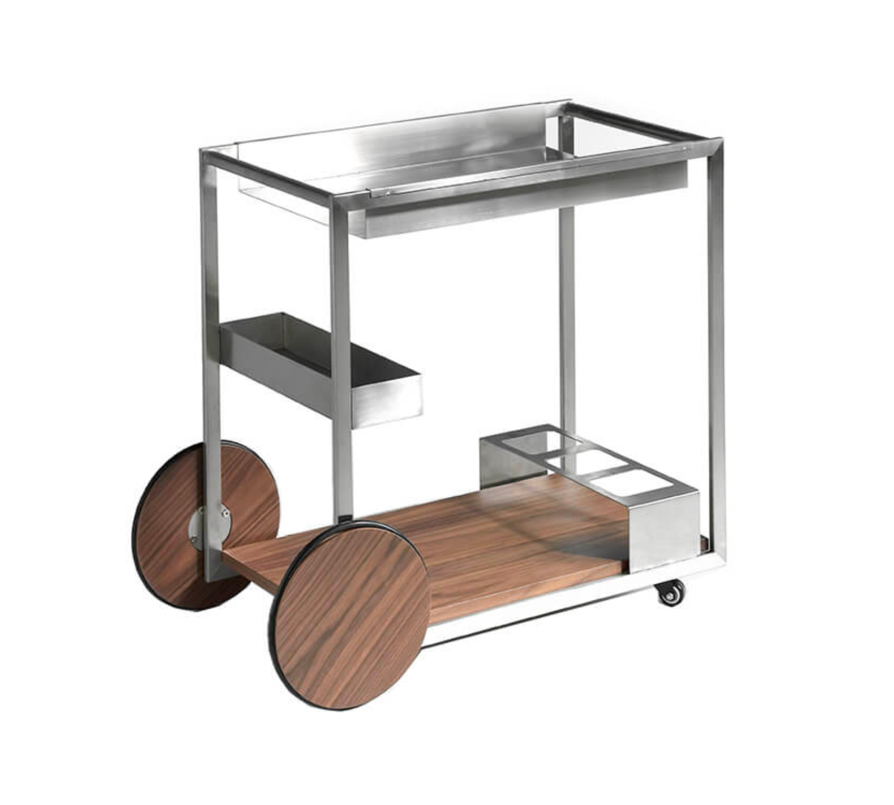 Serving trolley steel walnut wood silver