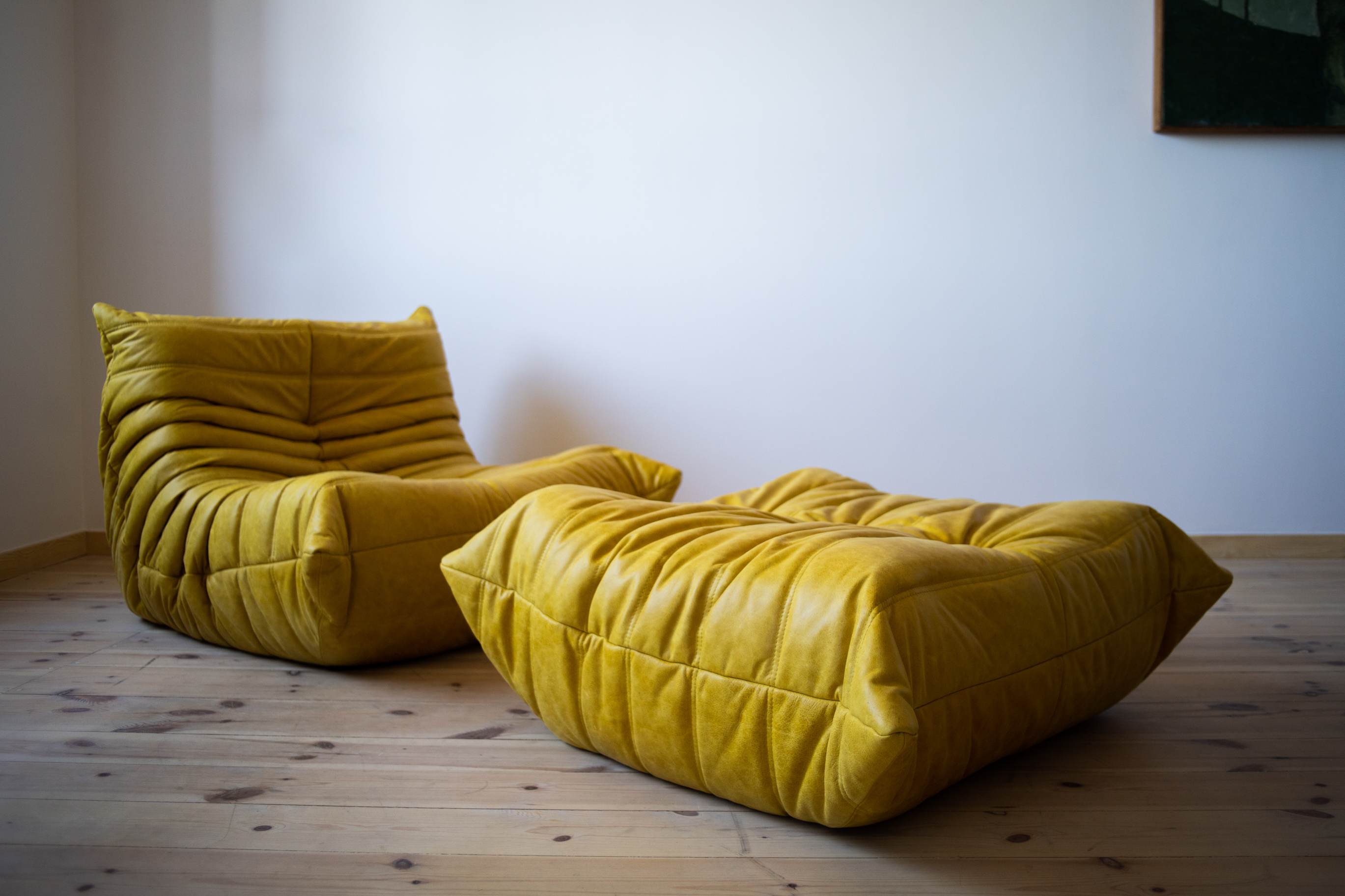 Togo Armchair and Ottoman Set Pull-Up Leather Yellow