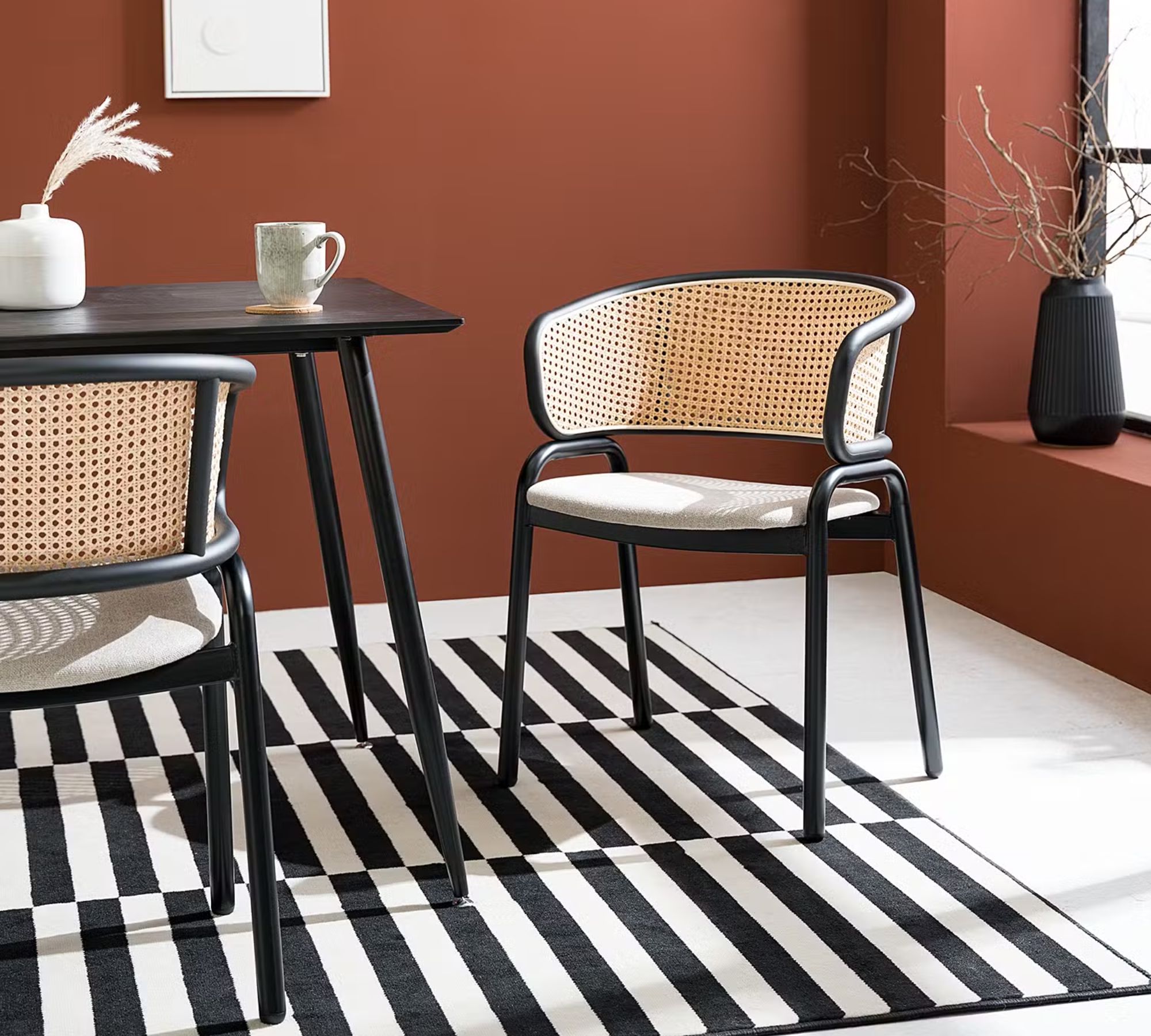 2x Armlehnstuhl  Rattan Webstoff Beige Schwarz