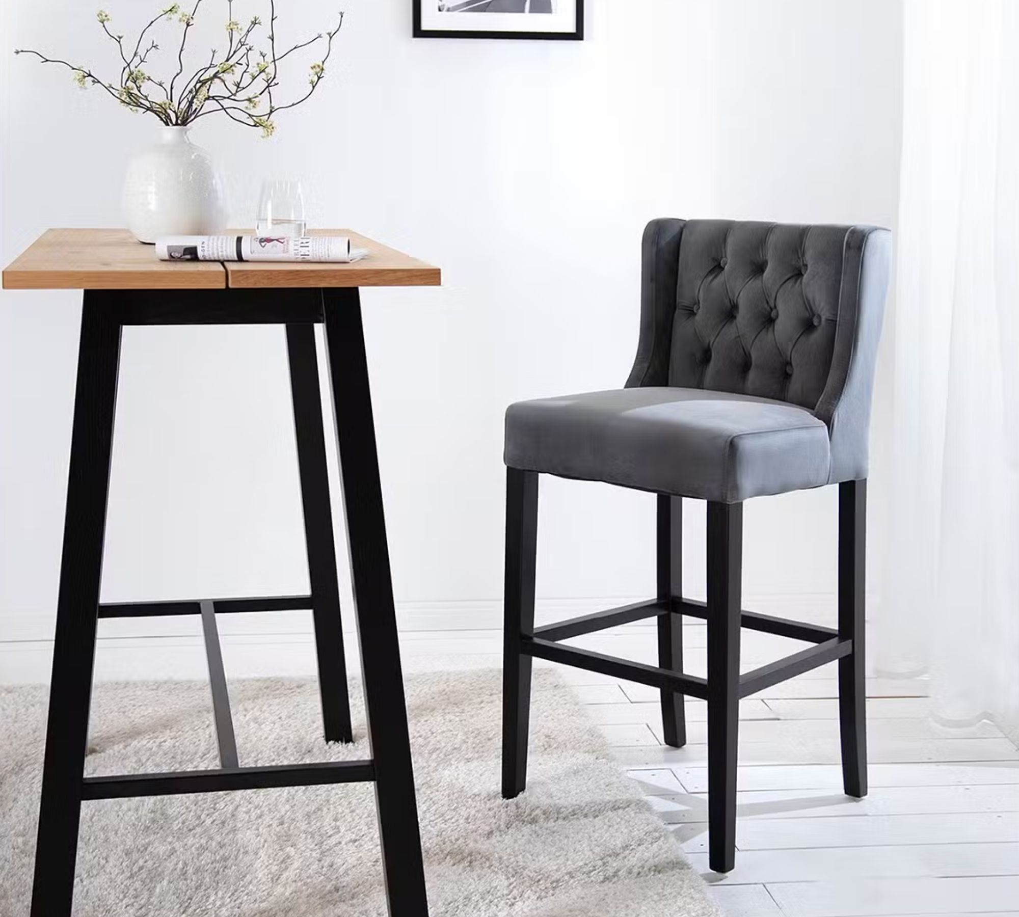 Barstuhl Samt Holz Grau