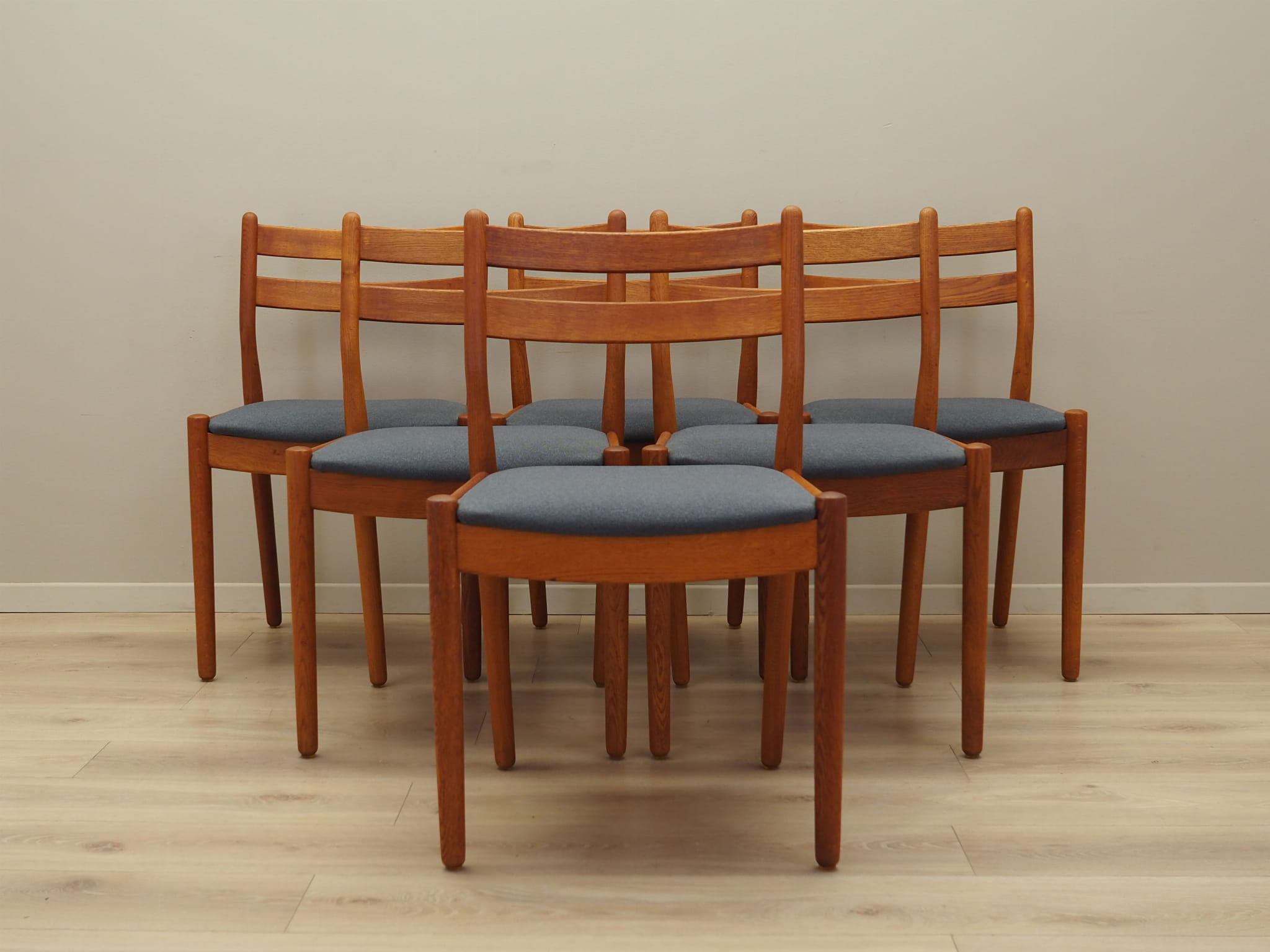6x Vintage Chair Teak Wood Textile Brown 1970s