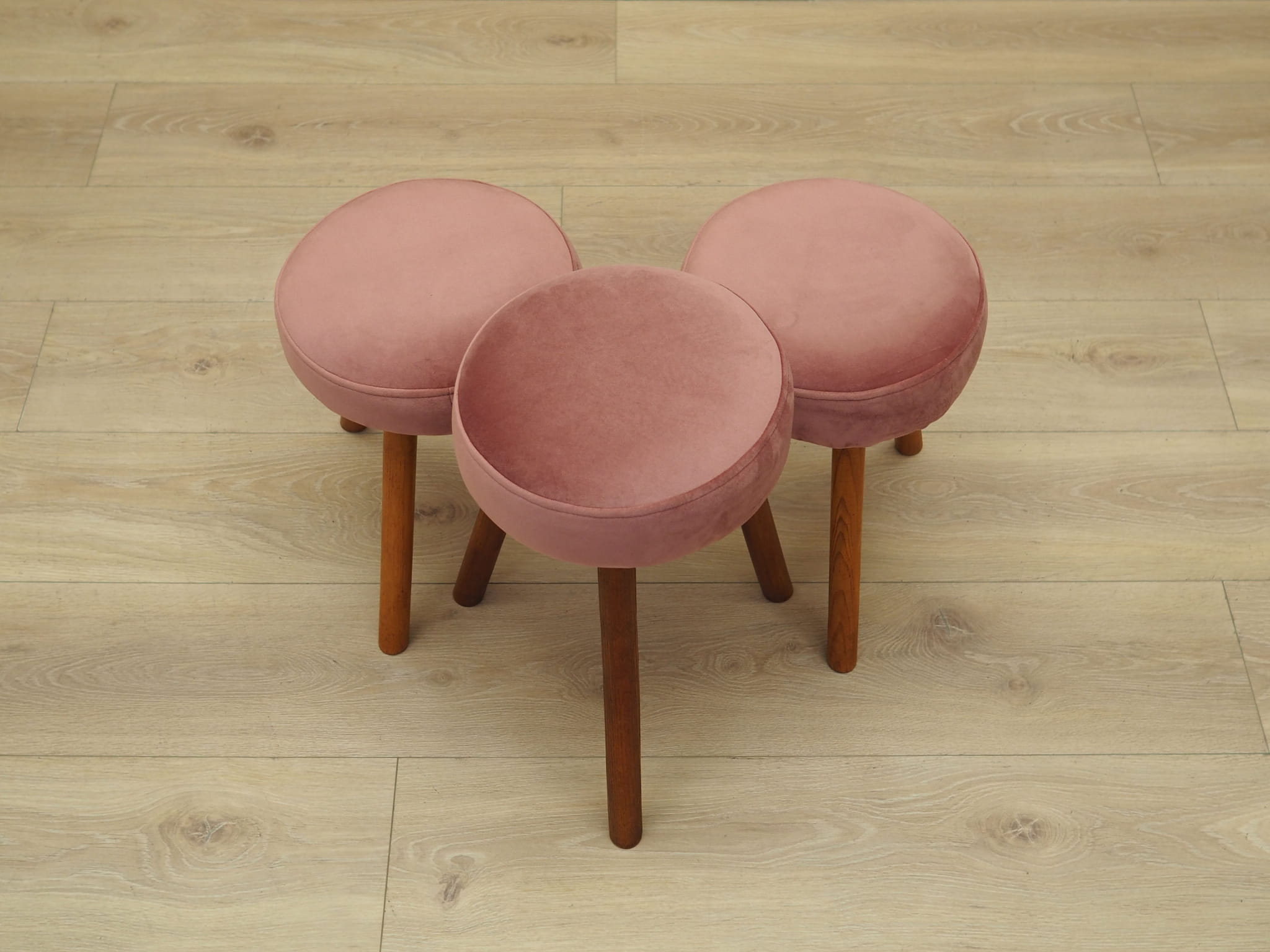 3x Vintage Stools Wood Velvet Pink 1960s