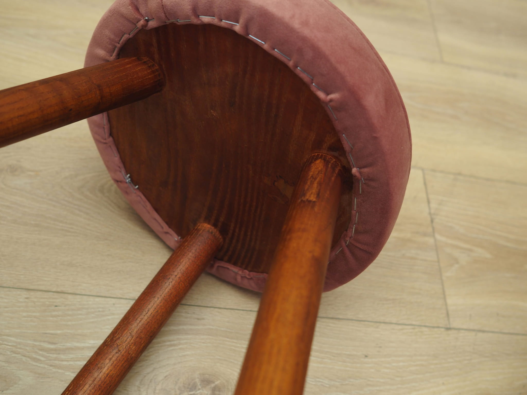 3x Vintage Stools Wood Velvet Pink 1960s