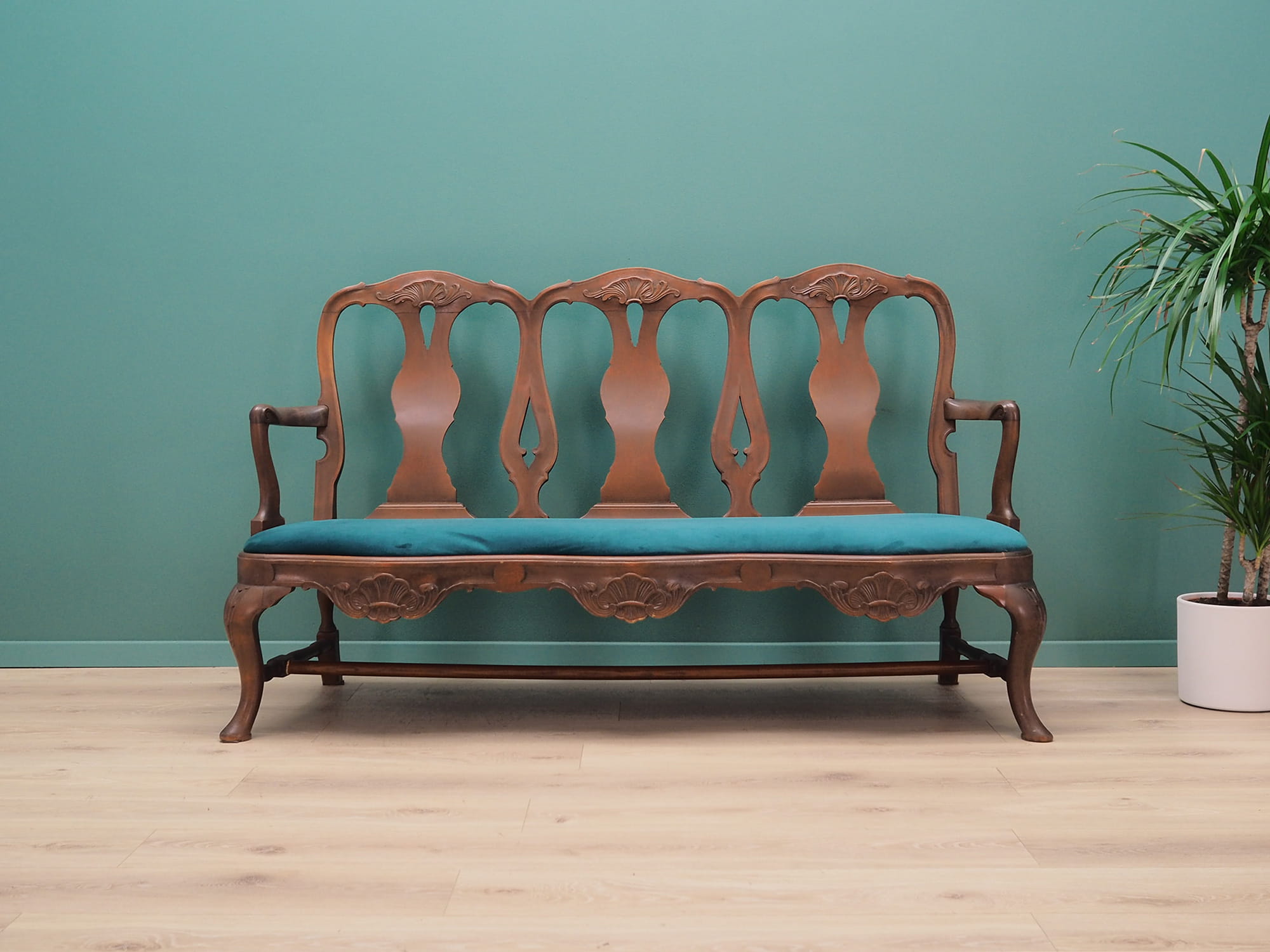 2x Vintage Chair & Bench Wood Velvet Blue 1970s