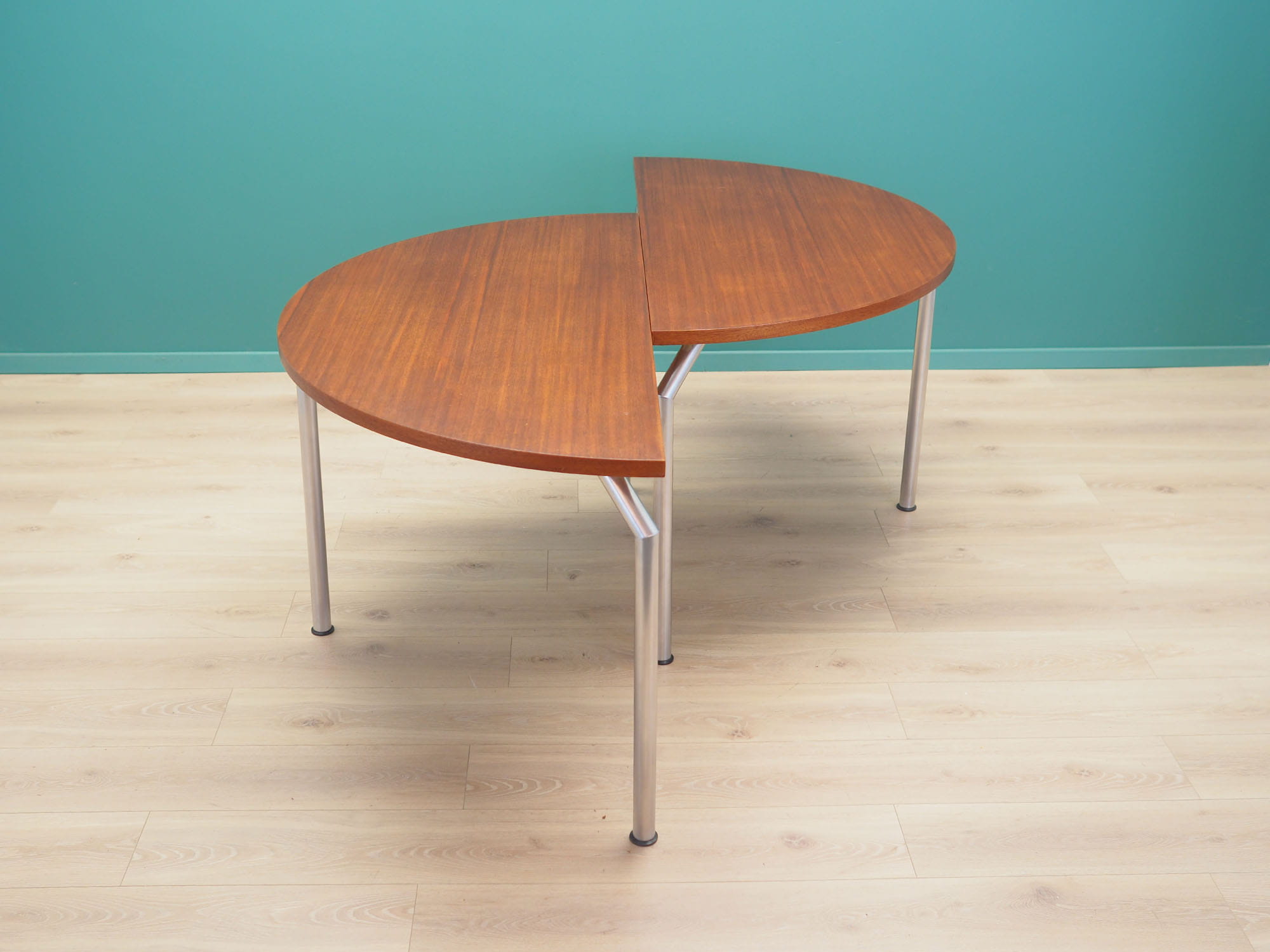 Vintage table, half-round, teak wood, metal, brown, 1970s