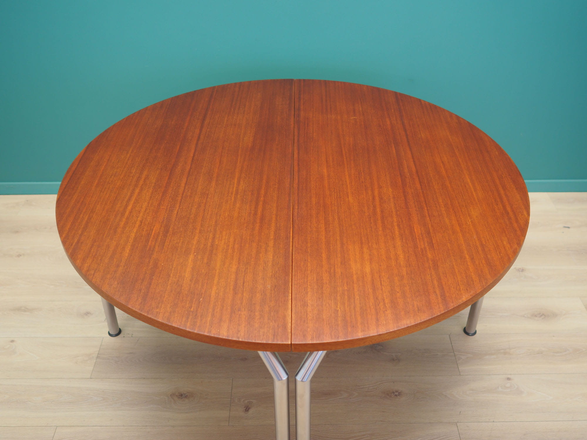 Vintage table, half-round, teak wood, metal, brown, 1970s