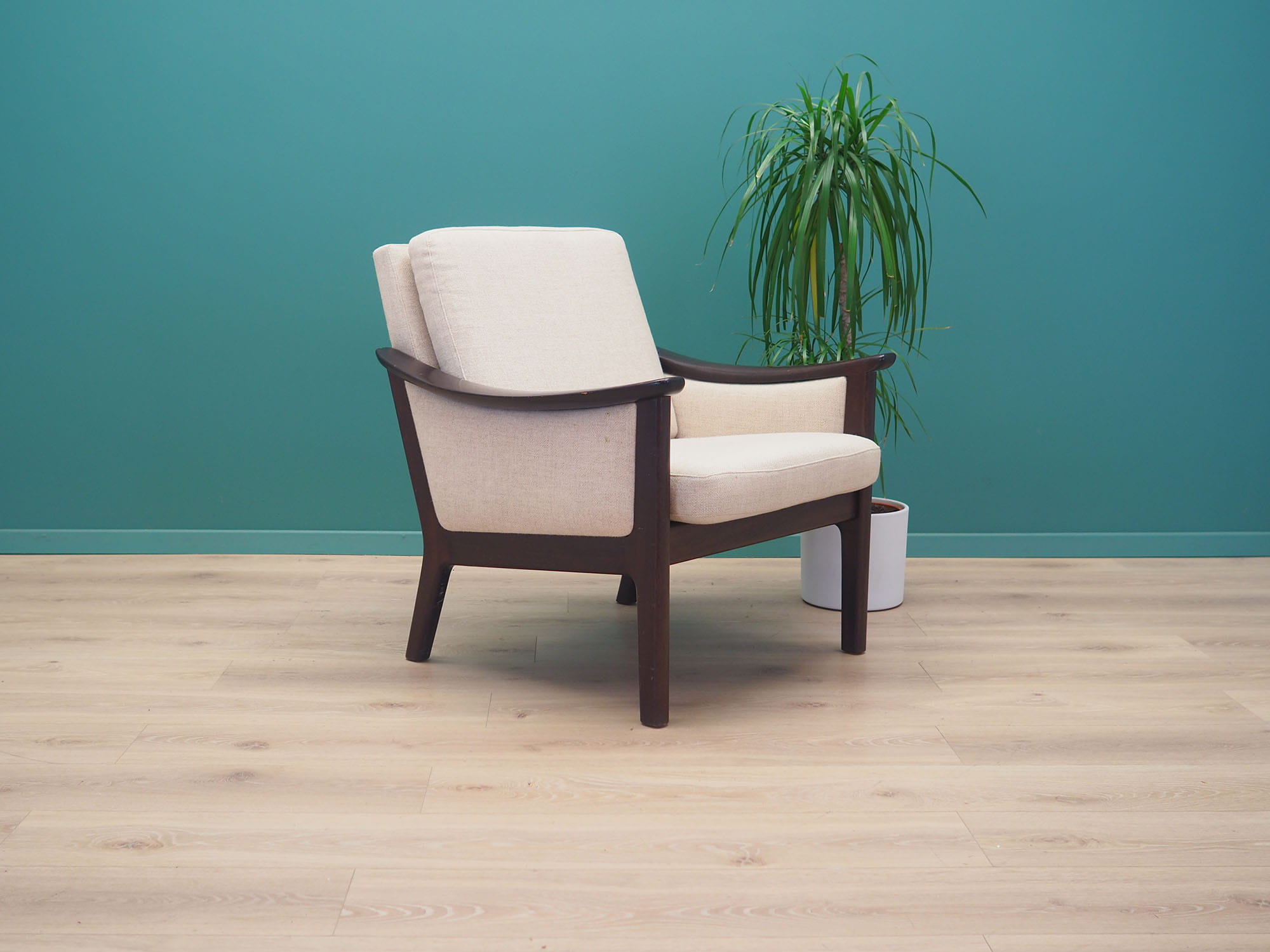 Vintage armchair wood fabric cream 1970s