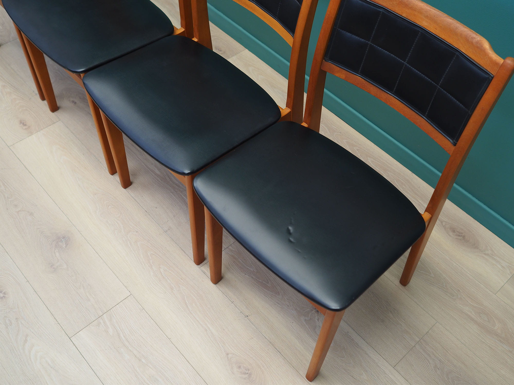4x Vintage Chair Beech Wood Faux Leather Black 1970s