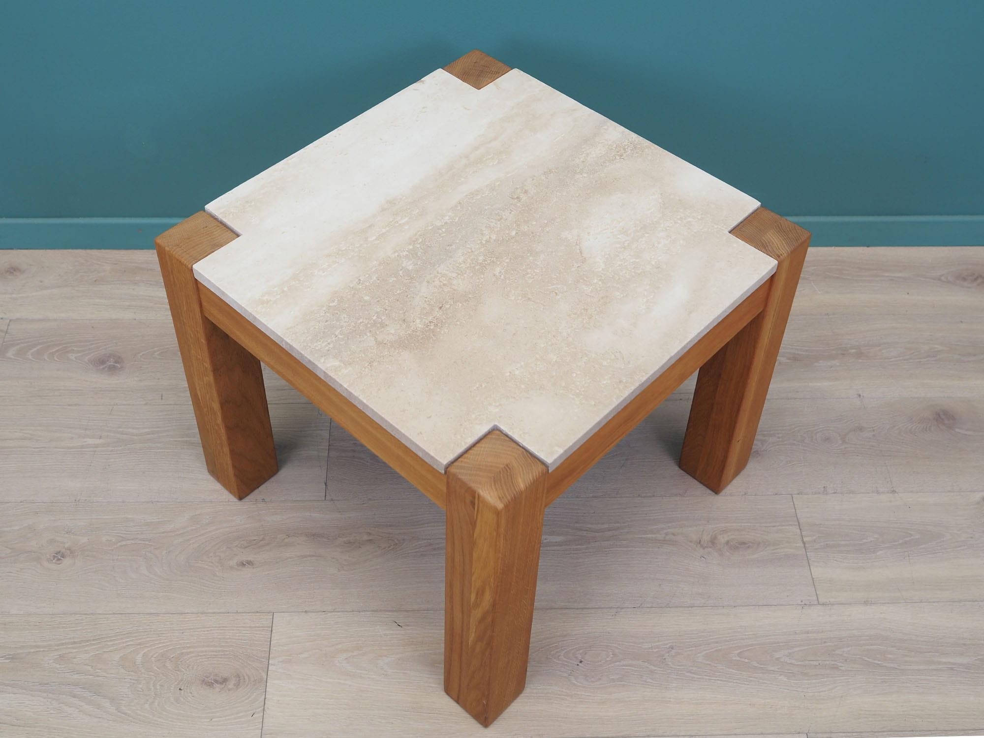 Vintage side table oak wood stone brown 1970s
