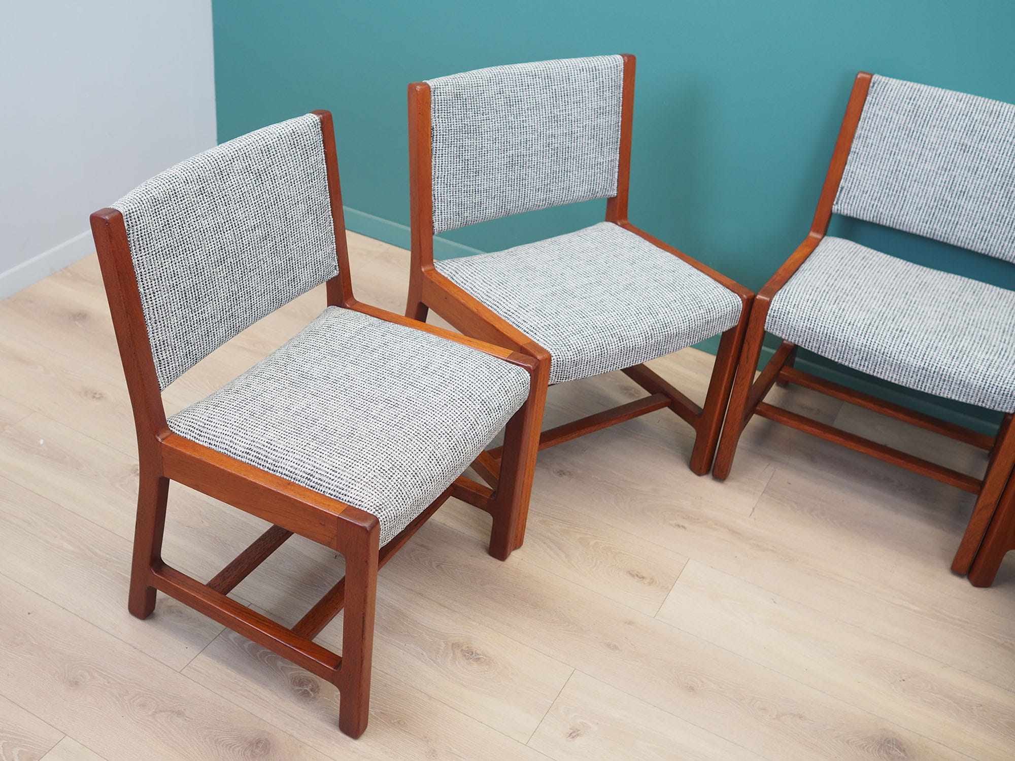 5x Vintage Chair Teak Wood Textile Grey 1970s