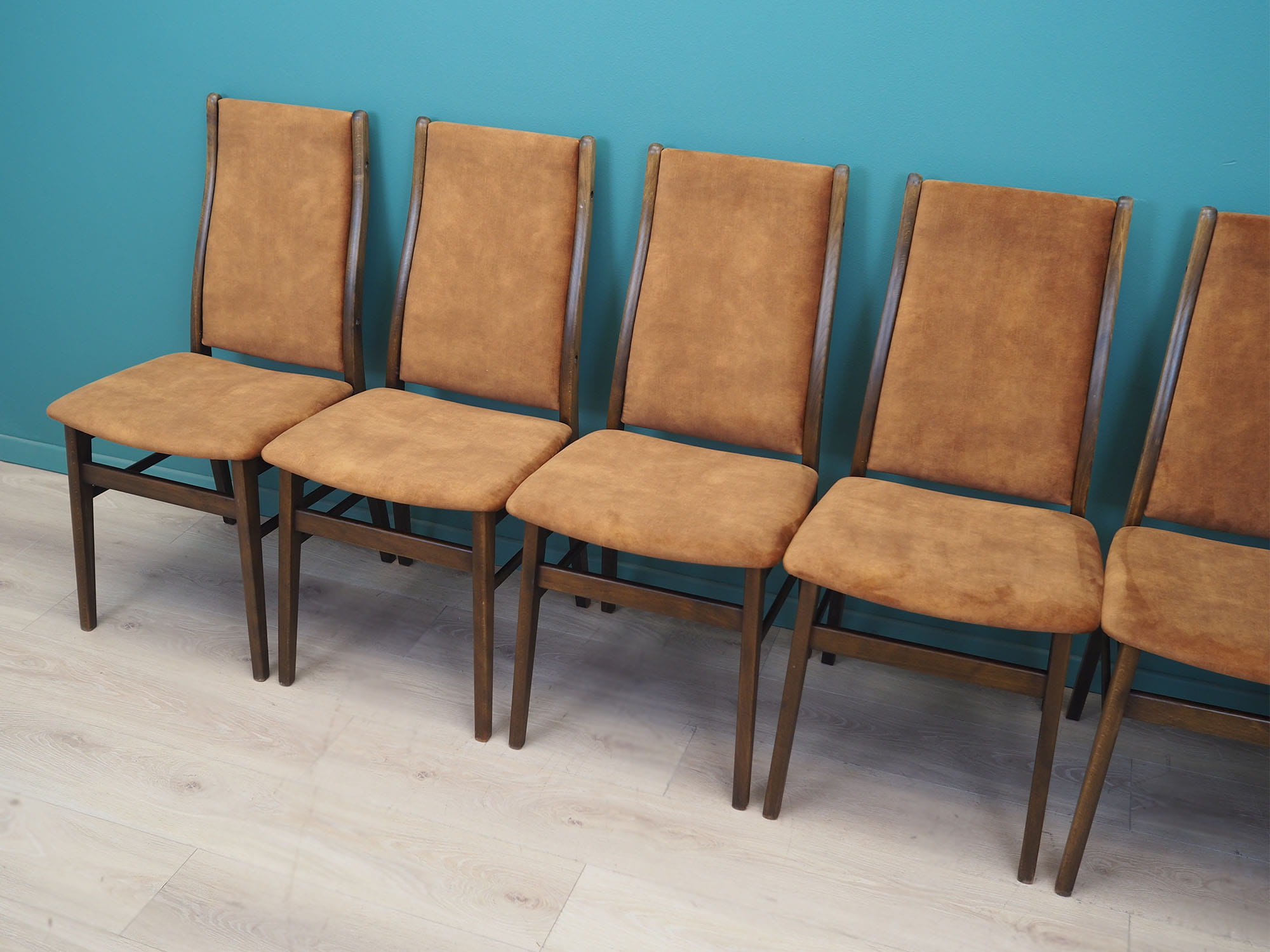 6x Chair Beech wood Velvet Brown 1960s