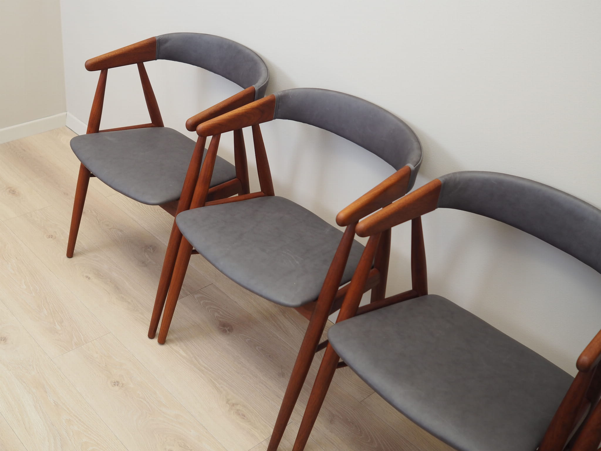 4x Vintage Chair Teak Wood Leather Gray 1960s
