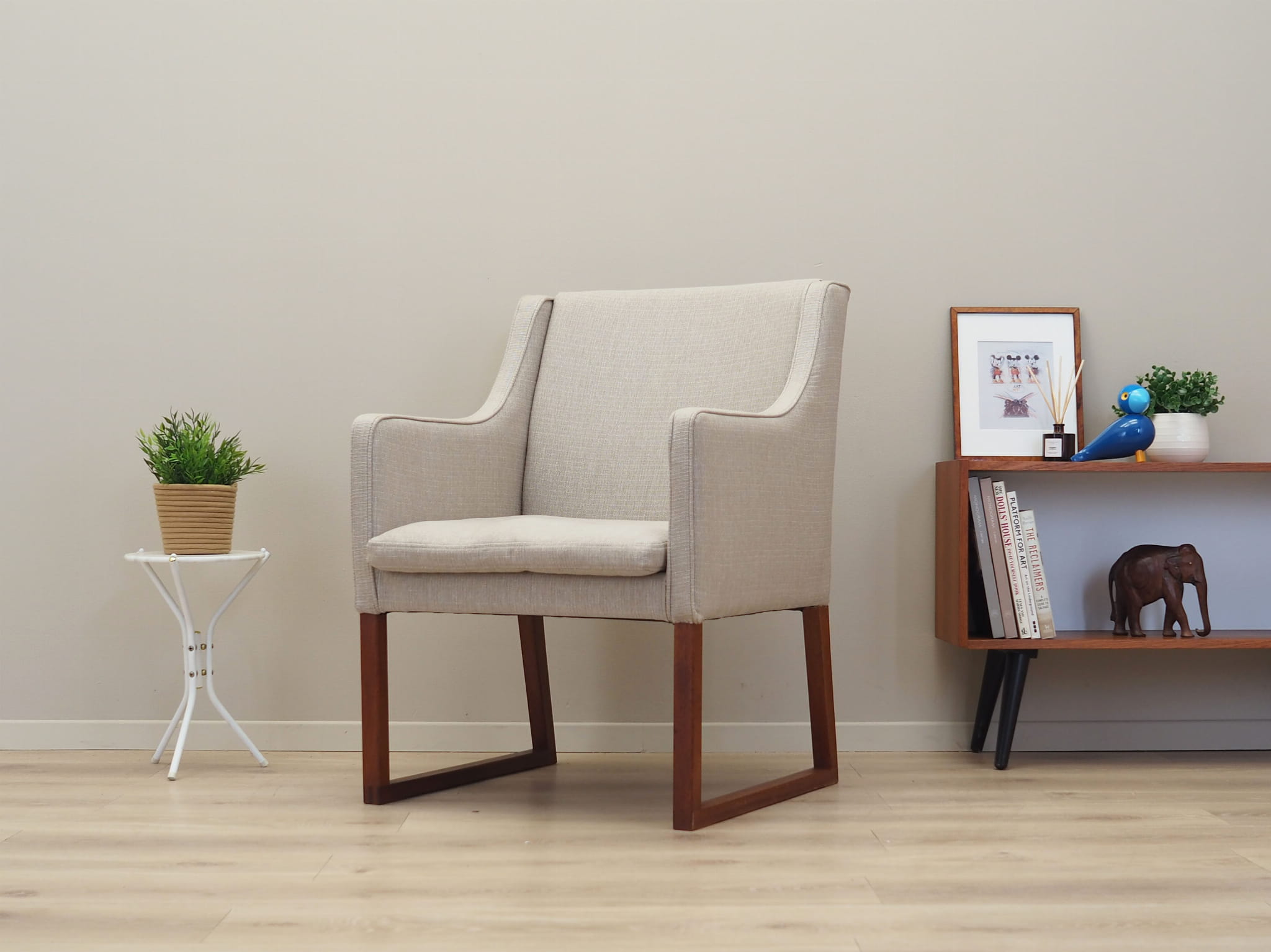Vintage chair teak wood textile beige 1970s