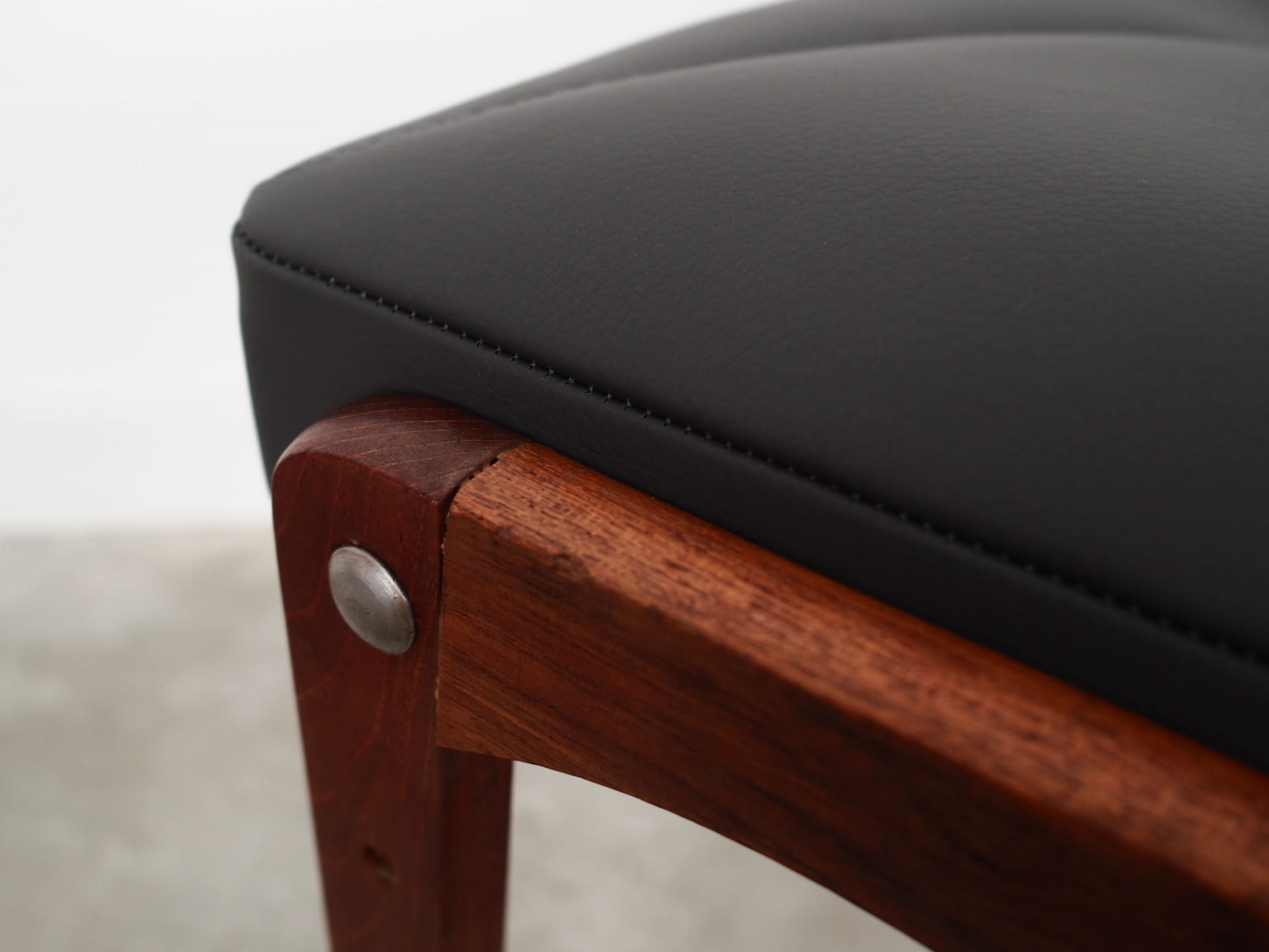 Vintage stool Teak wood Leather Black 1970s