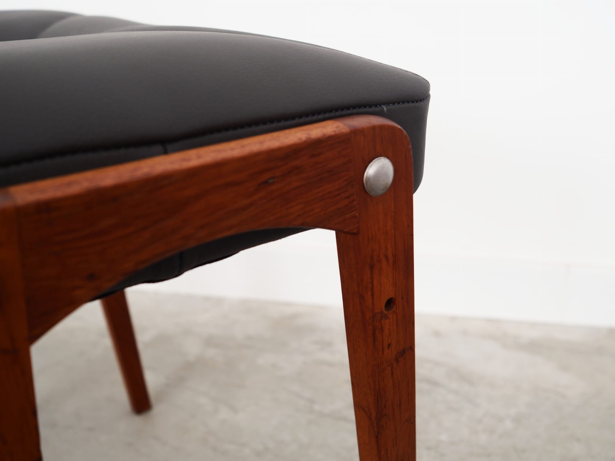 Vintage stool Teak wood Leather Black 1970s