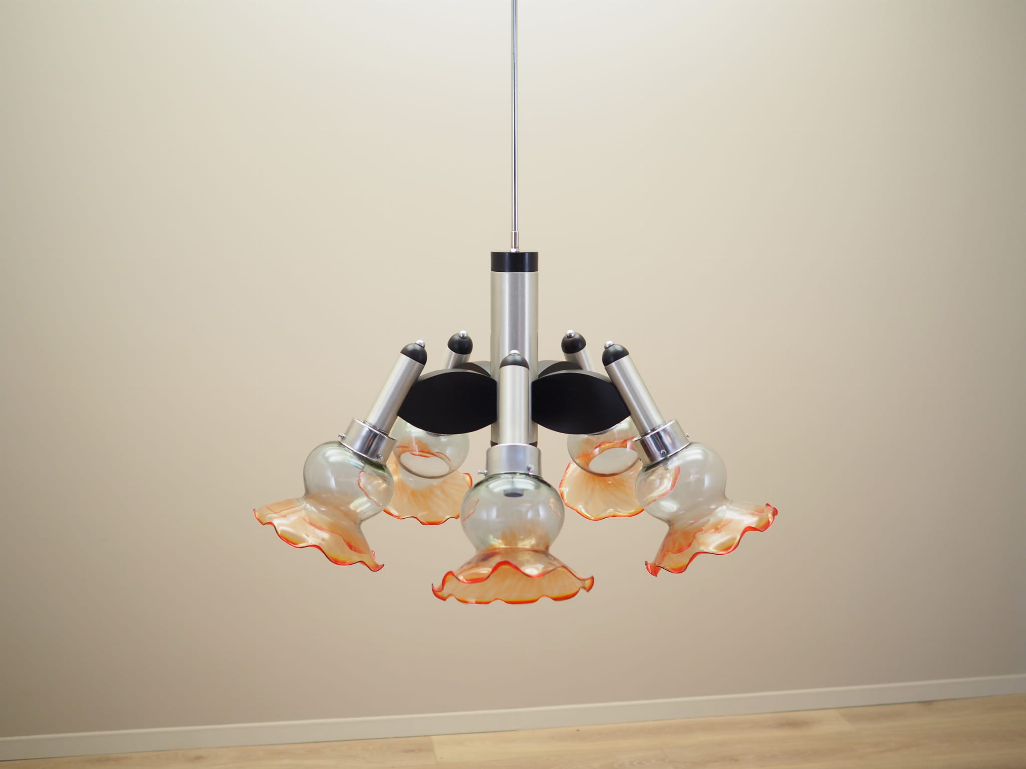Vintage chandelier glass wood orange 1970s