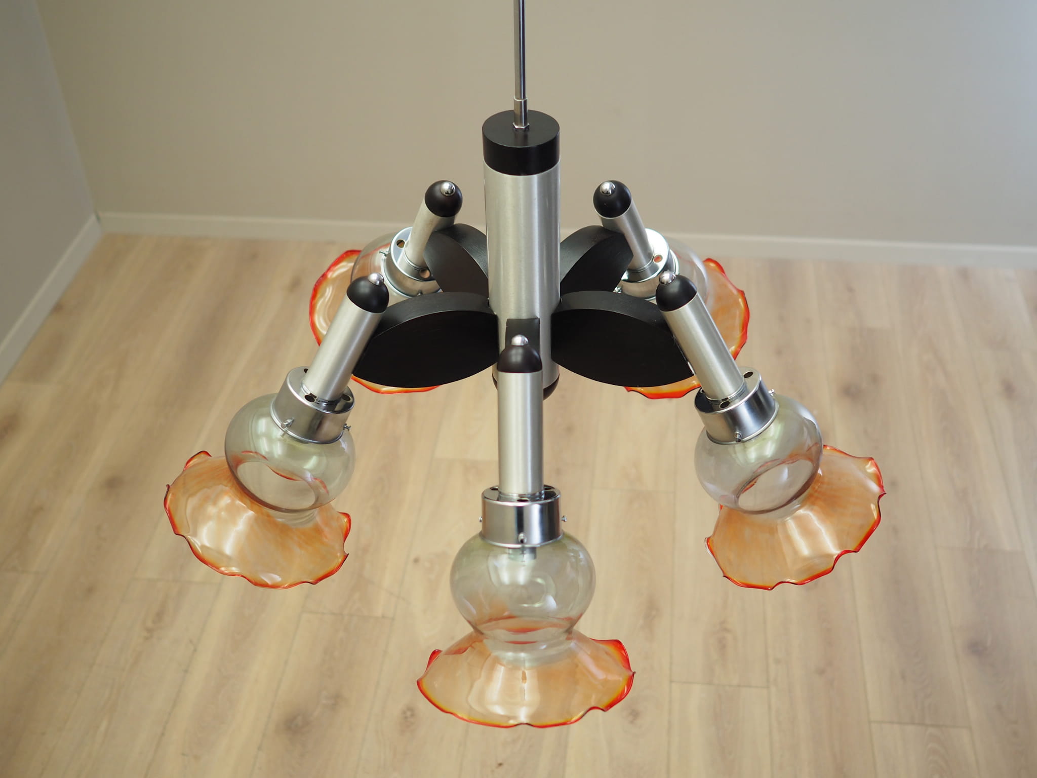 Vintage chandelier glass wood orange 1970s