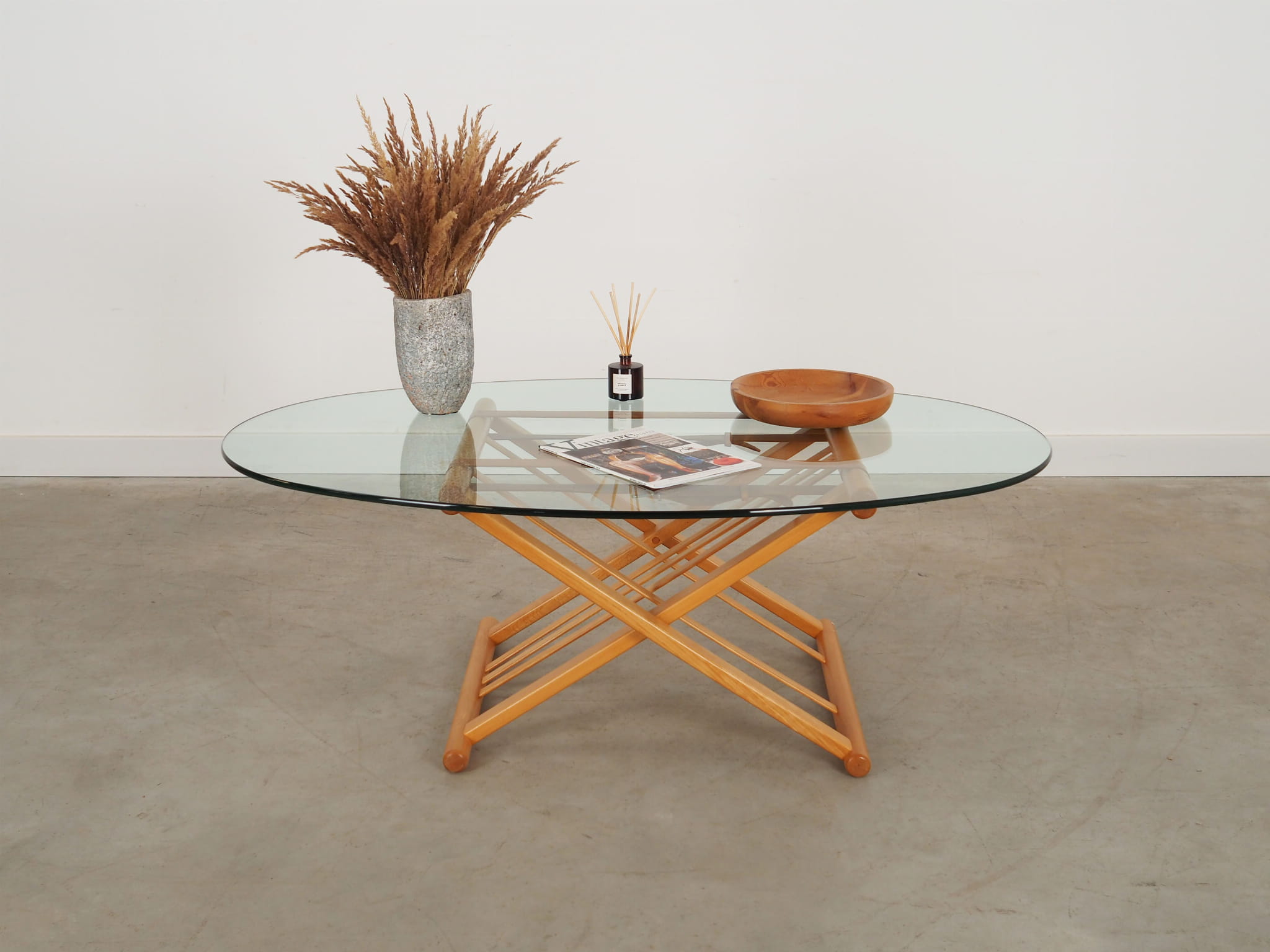 Vintage Coffee Table Beech Wood Glass Brown 1990s