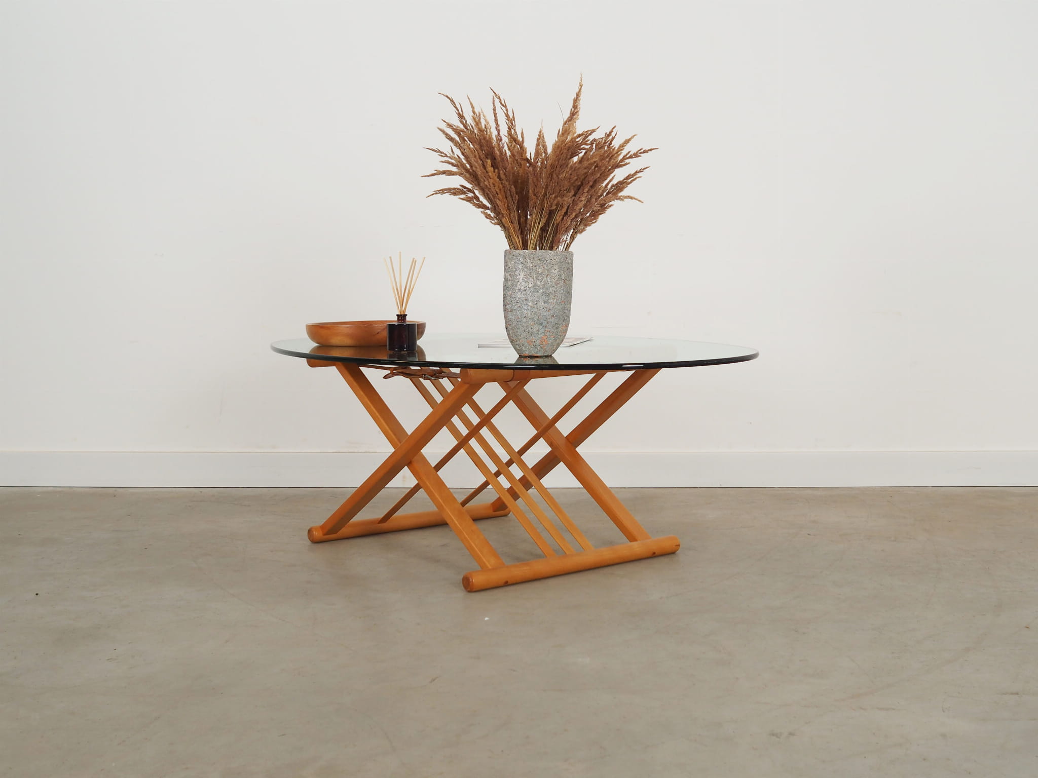 Vintage Coffee Table Beech Wood Glass Brown 1990s