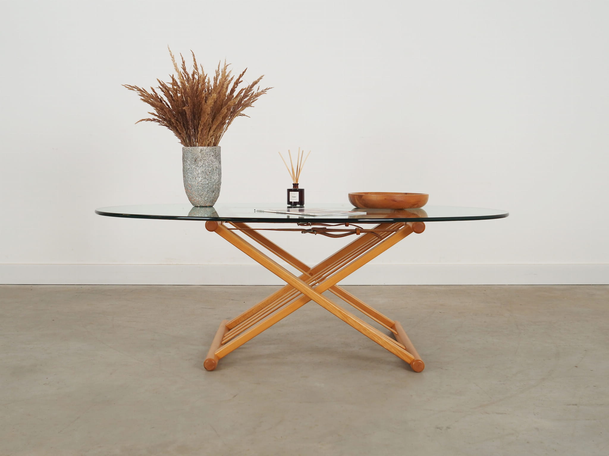 Vintage Coffee Table Beech Wood Glass Brown 1990s