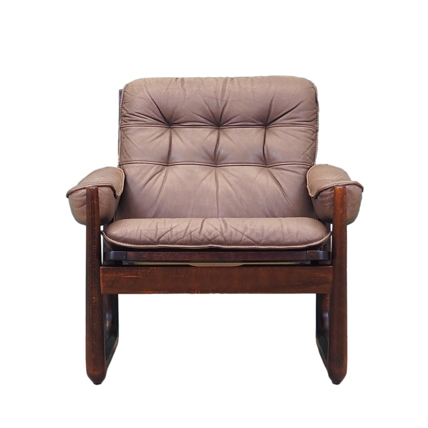 Vintage Poltrona Pelle Legno Marrone Anni '60