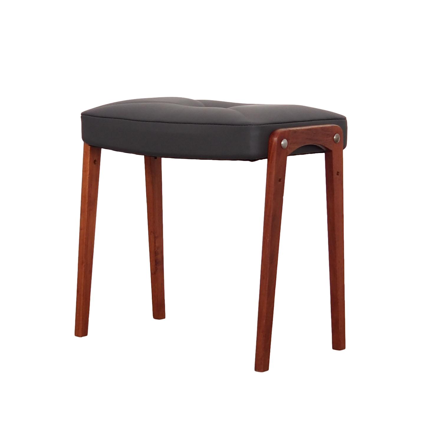 Vintage stool Teak wood Leather Black 1970s