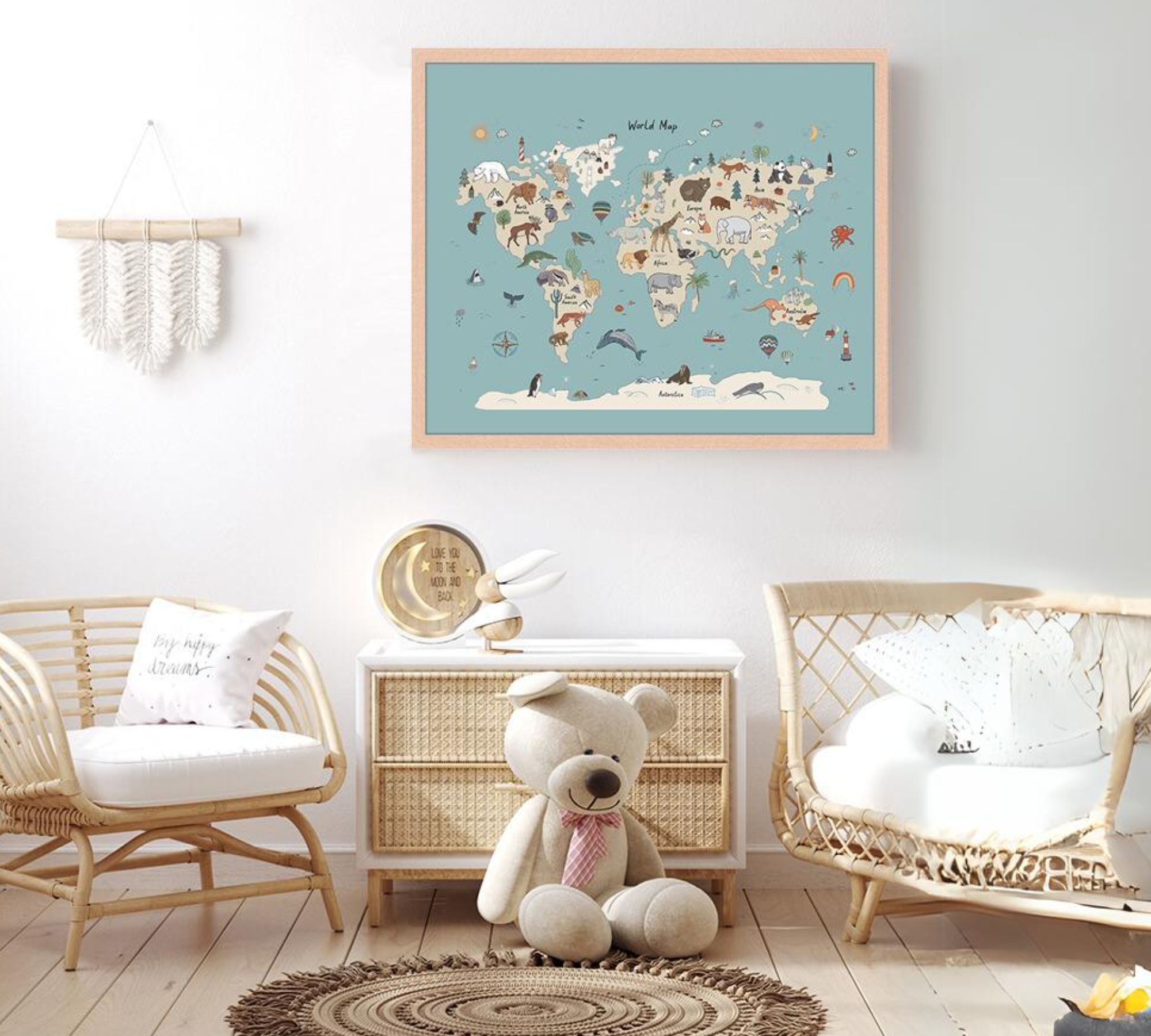 Animals Map Art Print Paper Multicolor