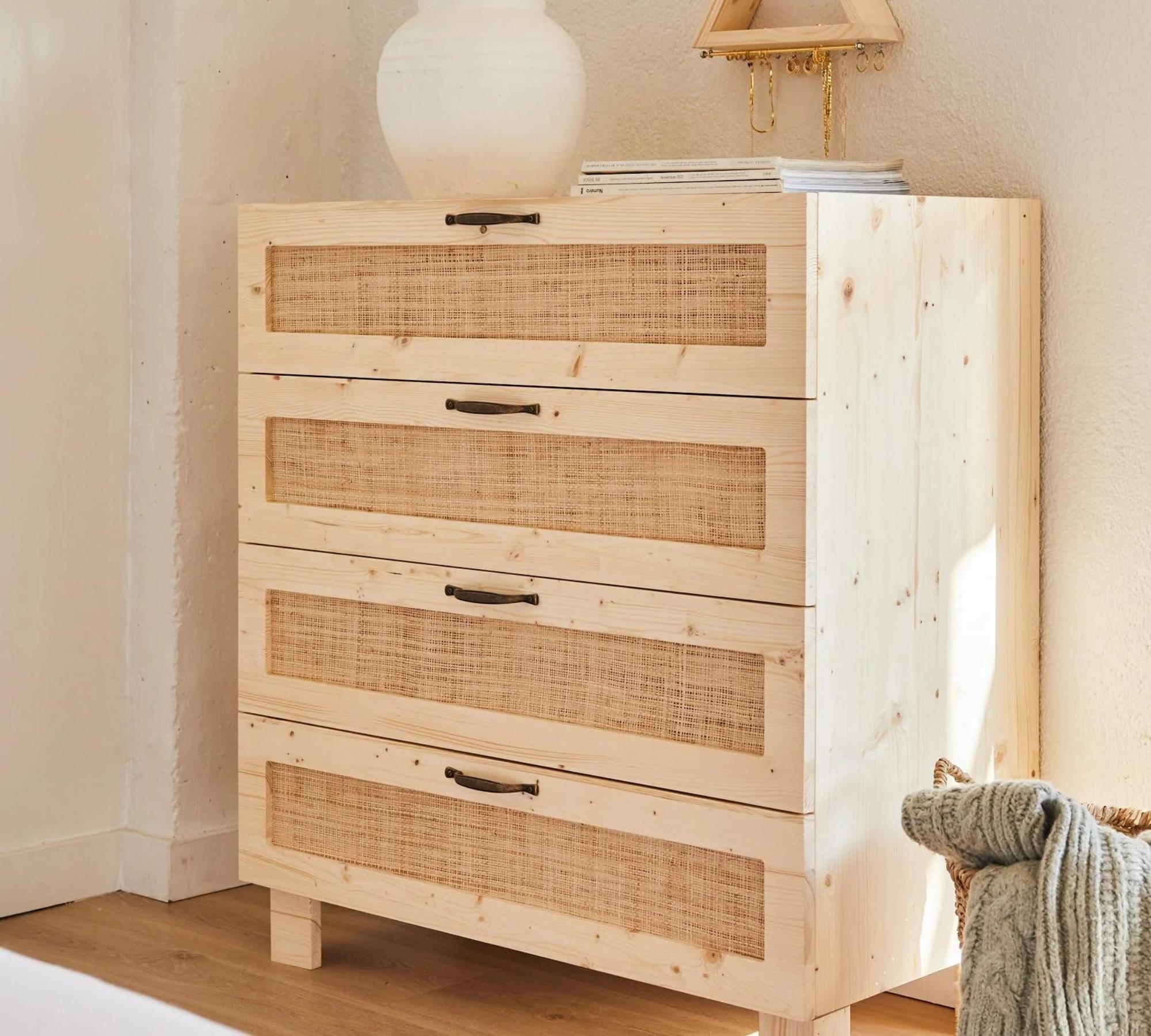 Kommode mit Geflecht 4 Schubladen Holz Kiefer