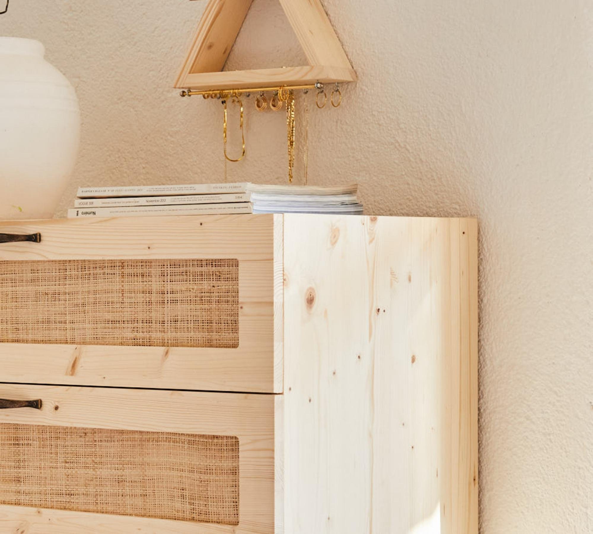 Kommode mit Geflecht 4 Schubladen Holz Kiefer