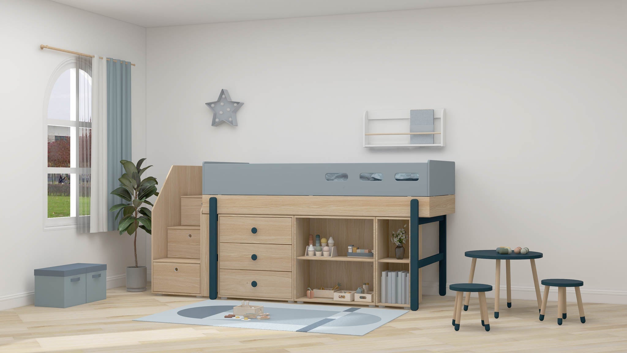 Dots Kinderhocker Eschenholz Dunkelblau