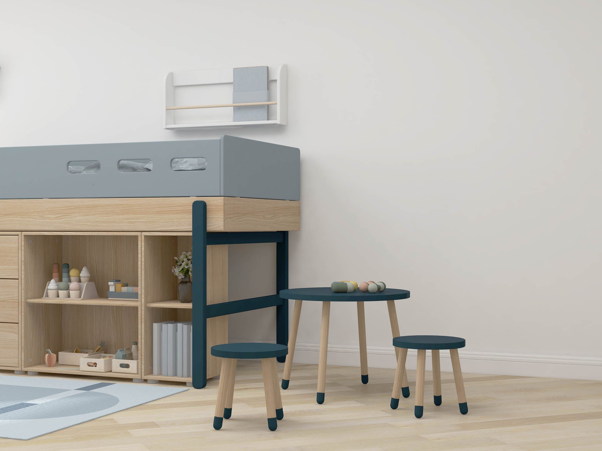 Dots Kinderhocker Eschenholz Dunkelblau