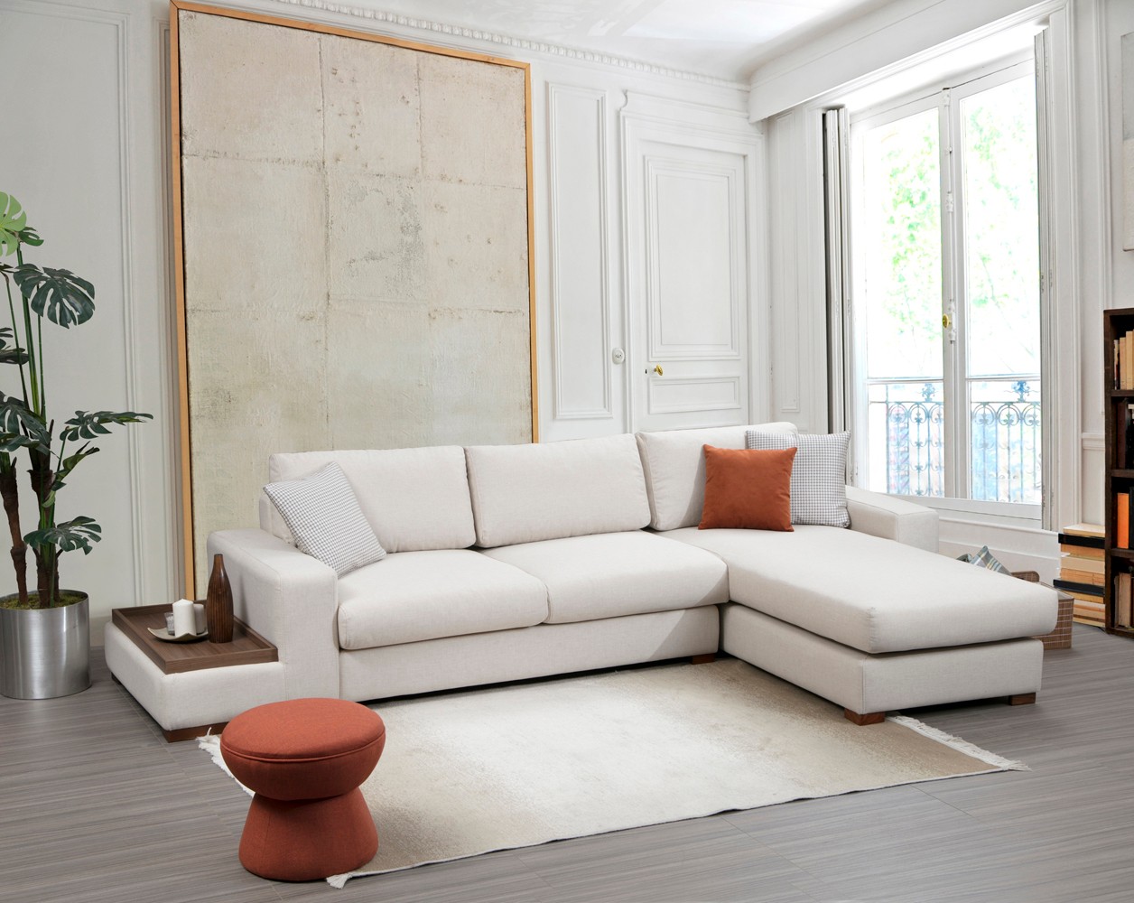Modern sofa chaise lounge right cream with table
