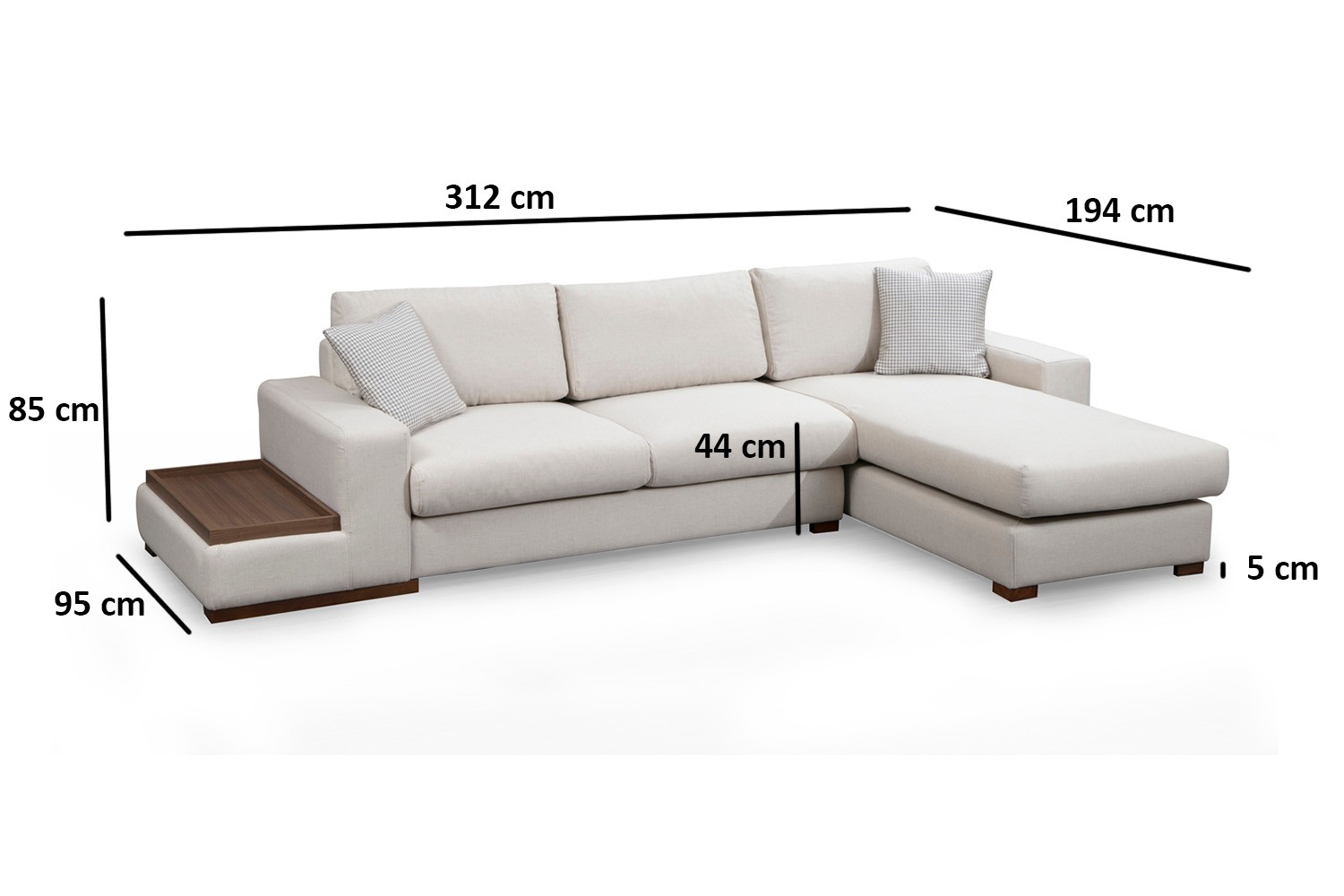 Modern sofa chaise lounge right cream with table