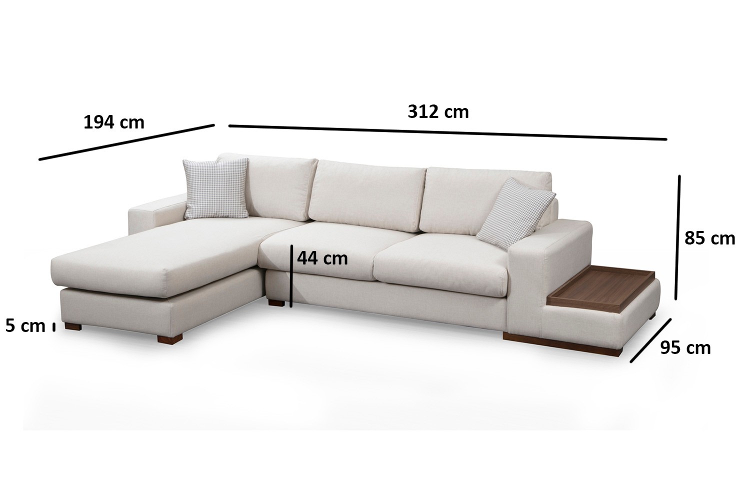 Modern sofa chaise lounge left cream with table