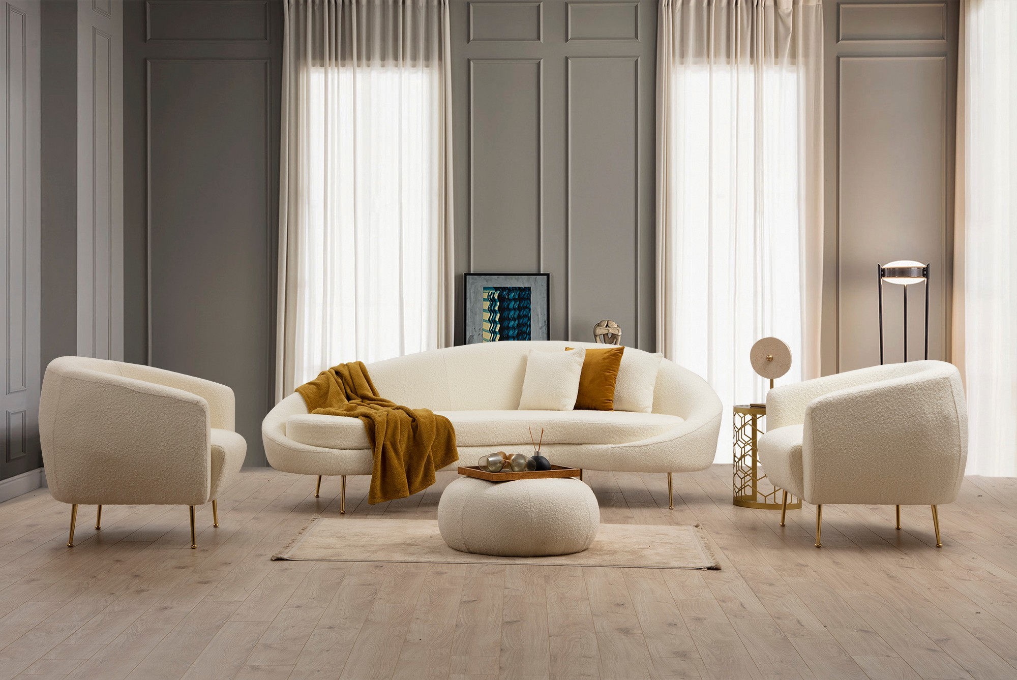 Divano moderno 3 posti bouclé crema