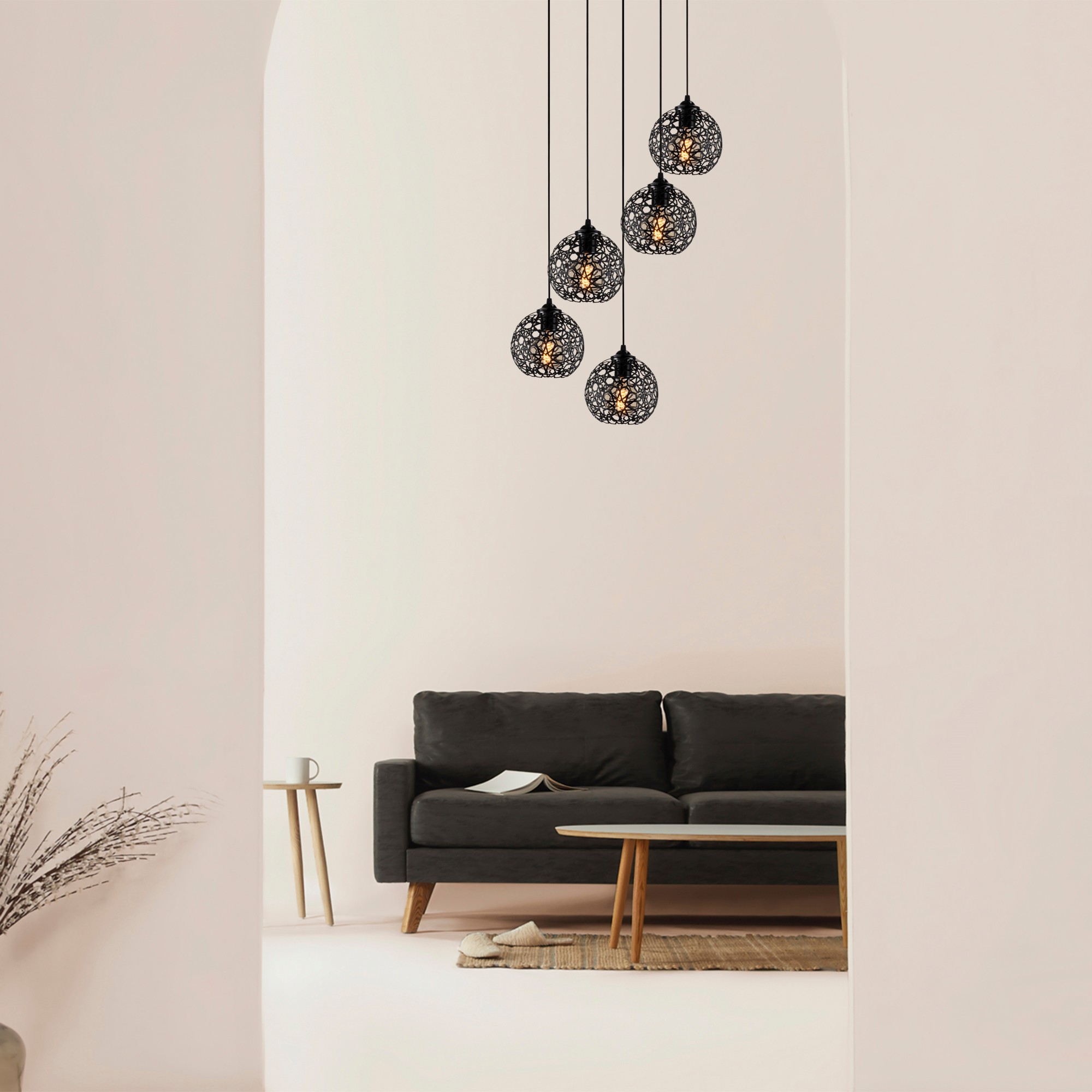 Pendant lamp with 5 elements Black Metal