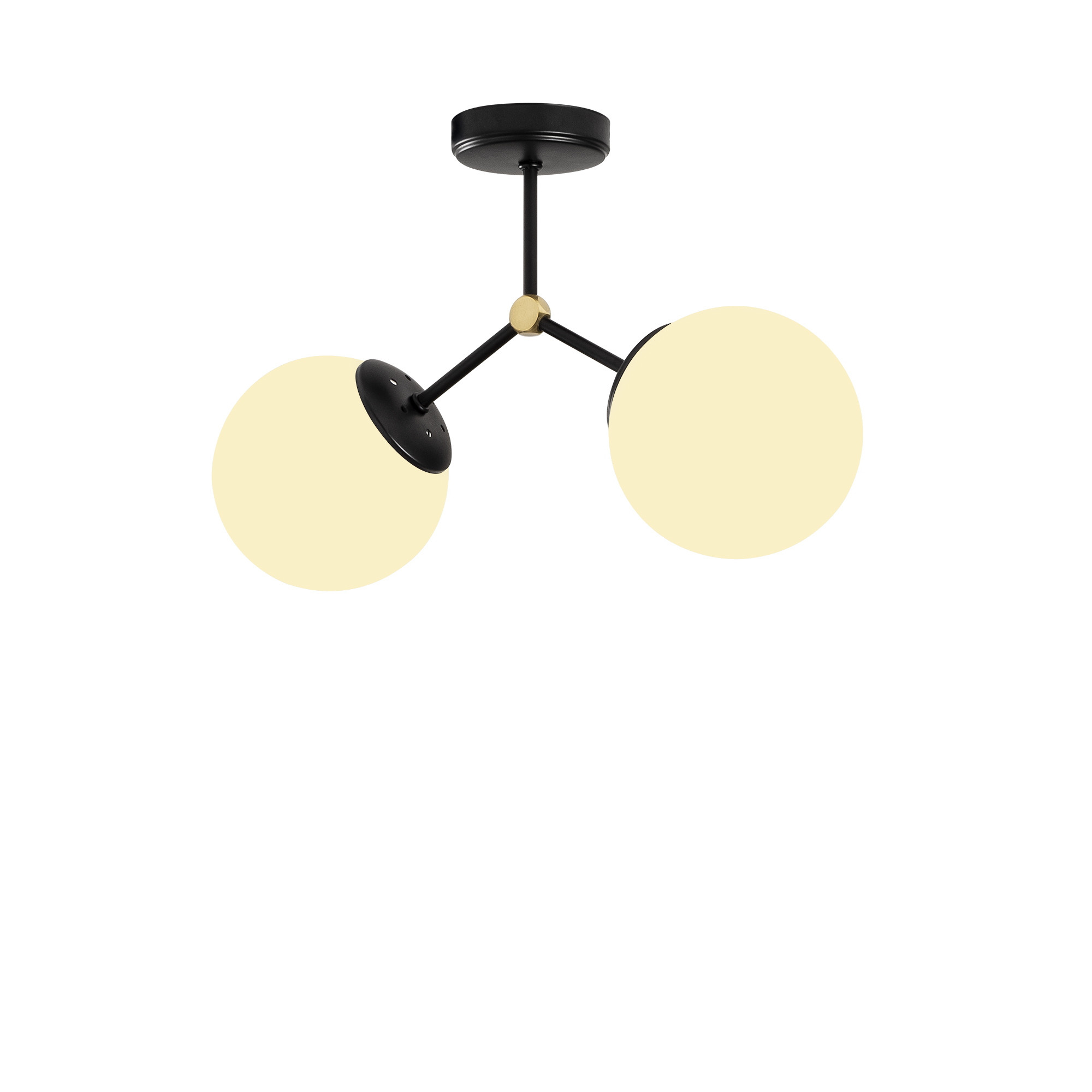 Ceiling light with 2 glass spheres made of metal