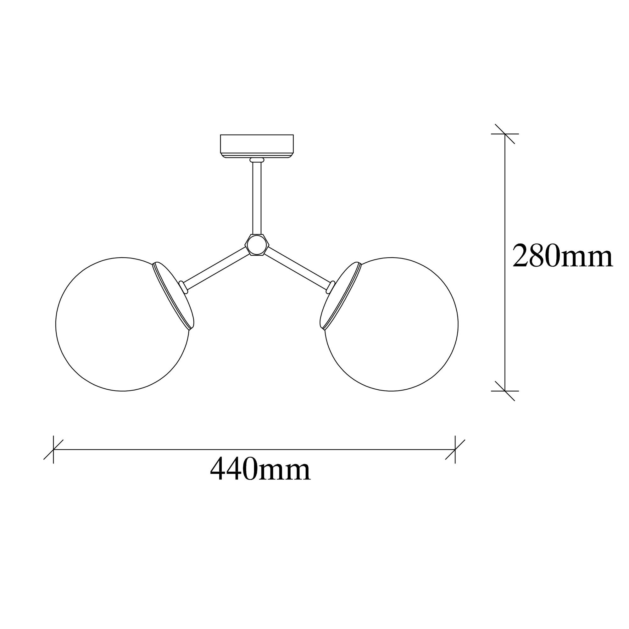 Ceiling light with 2 glass spheres made of metal