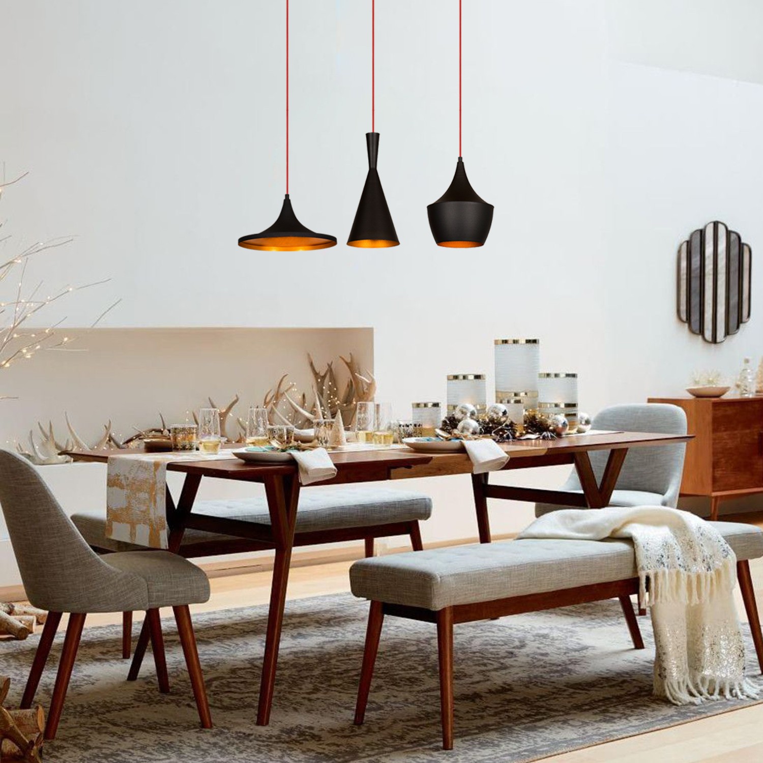 Pendant lamp 3 elements Adjustable height Black Gold