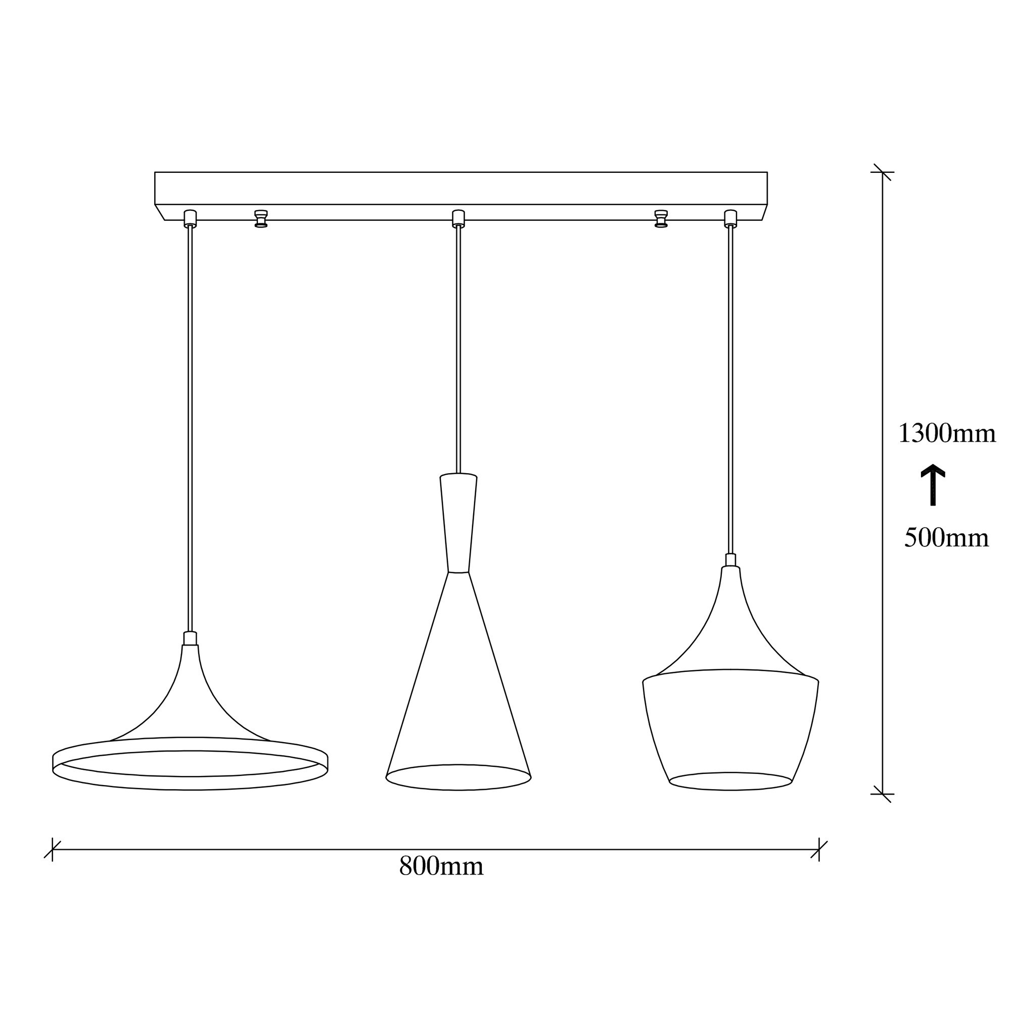 Pendant lamp 3 elements Adjustable height Black Gold
