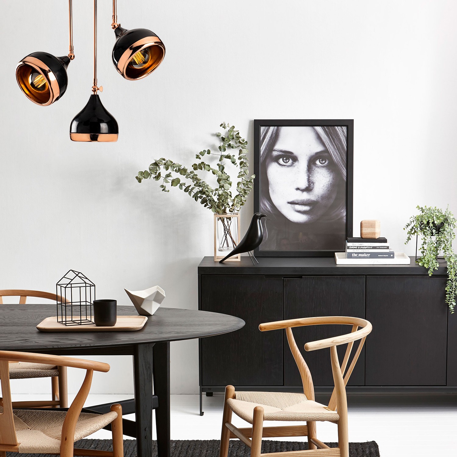 Lampada a sospensione 3 elementi regolabile in altezza metallo nero