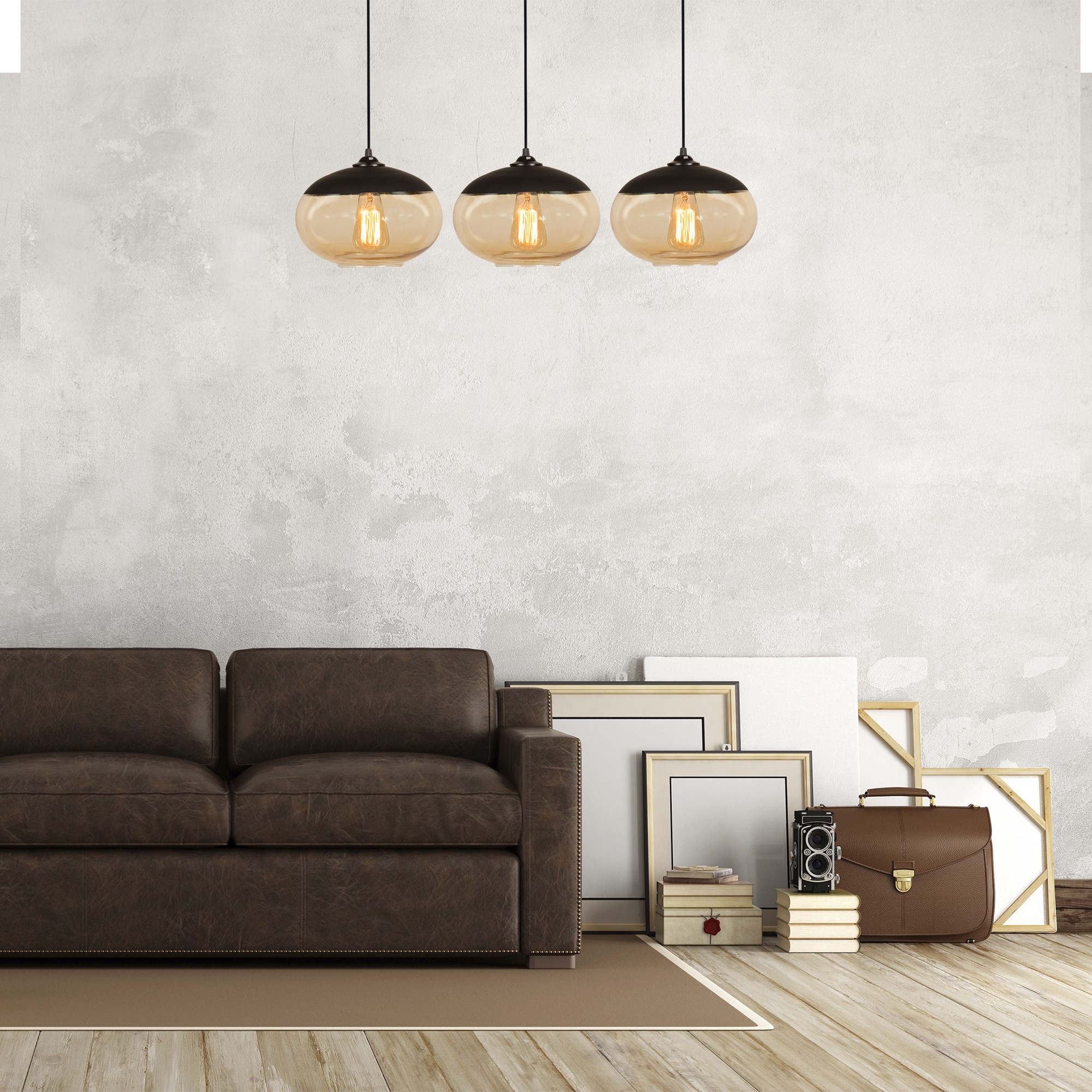 Industrial pendant lamp 3 elements metal honey
