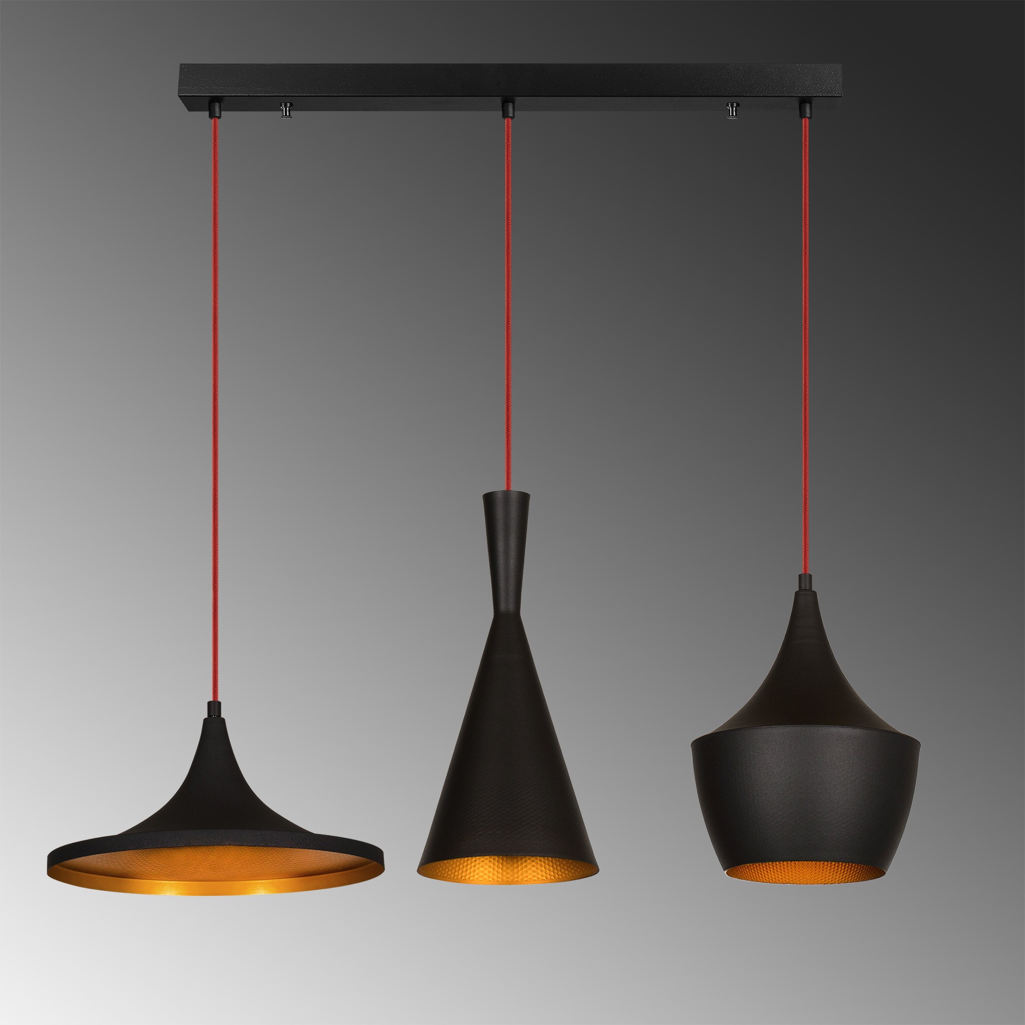 Pendant lamp 3 elements Adjustable height Black Gold