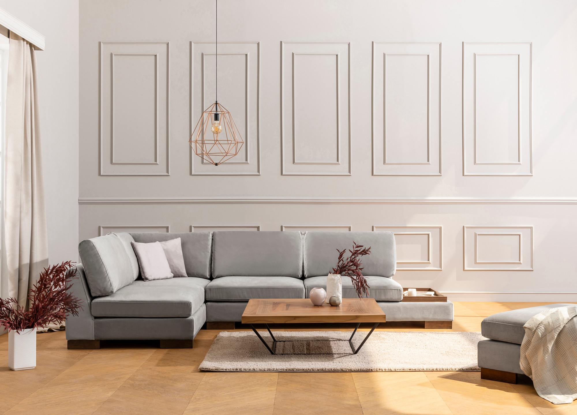 Tulip Corner Sofa Left with Footstool Light Grey