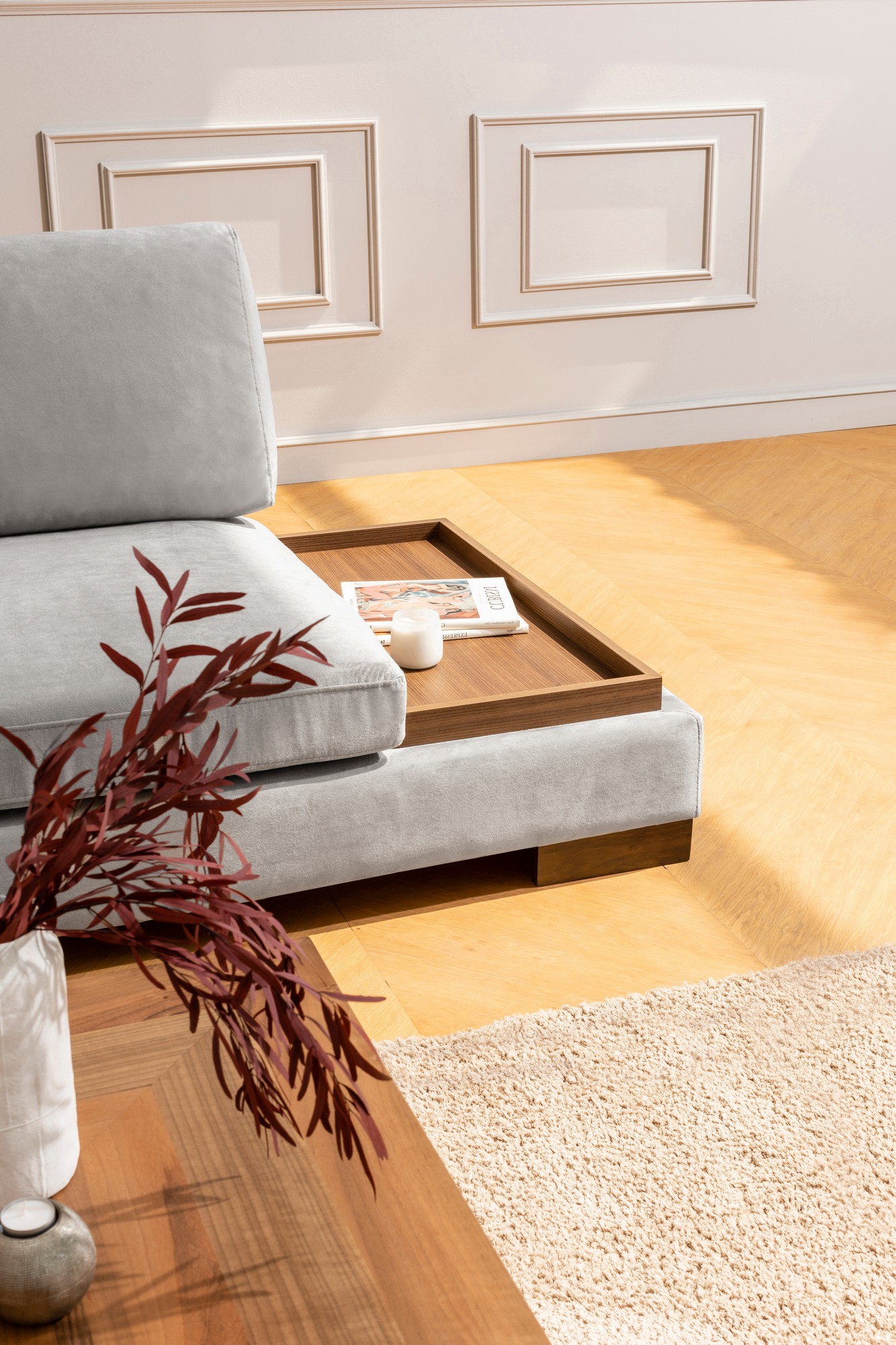 Tulip Corner Sofa Left with Footstool Light Grey