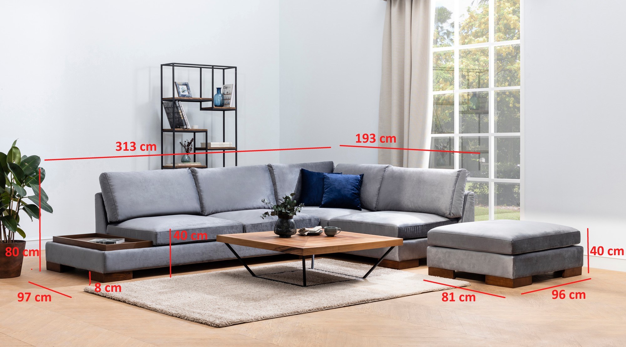 Tulip Corner Sofa Right with Ottoman Dark Grey